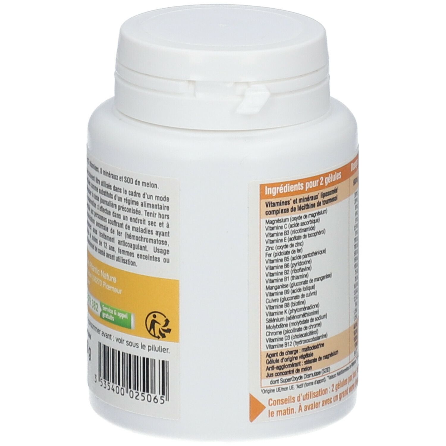 Dos du flacon blanc. Texte sur l'utilisation et les avertissements. Contient des informations sur les ingrédients.