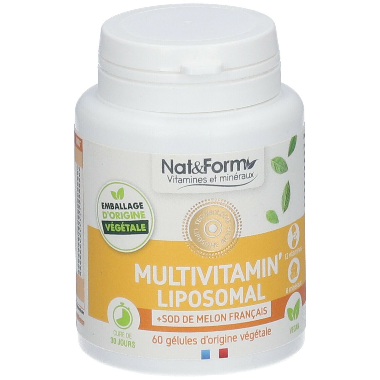 Flacon blanc avec étiquette jaune. Inscription: MULTIVITAMIN' LIPOSOMAL, Nat & Form. Contient 60 gélules. Vegan.