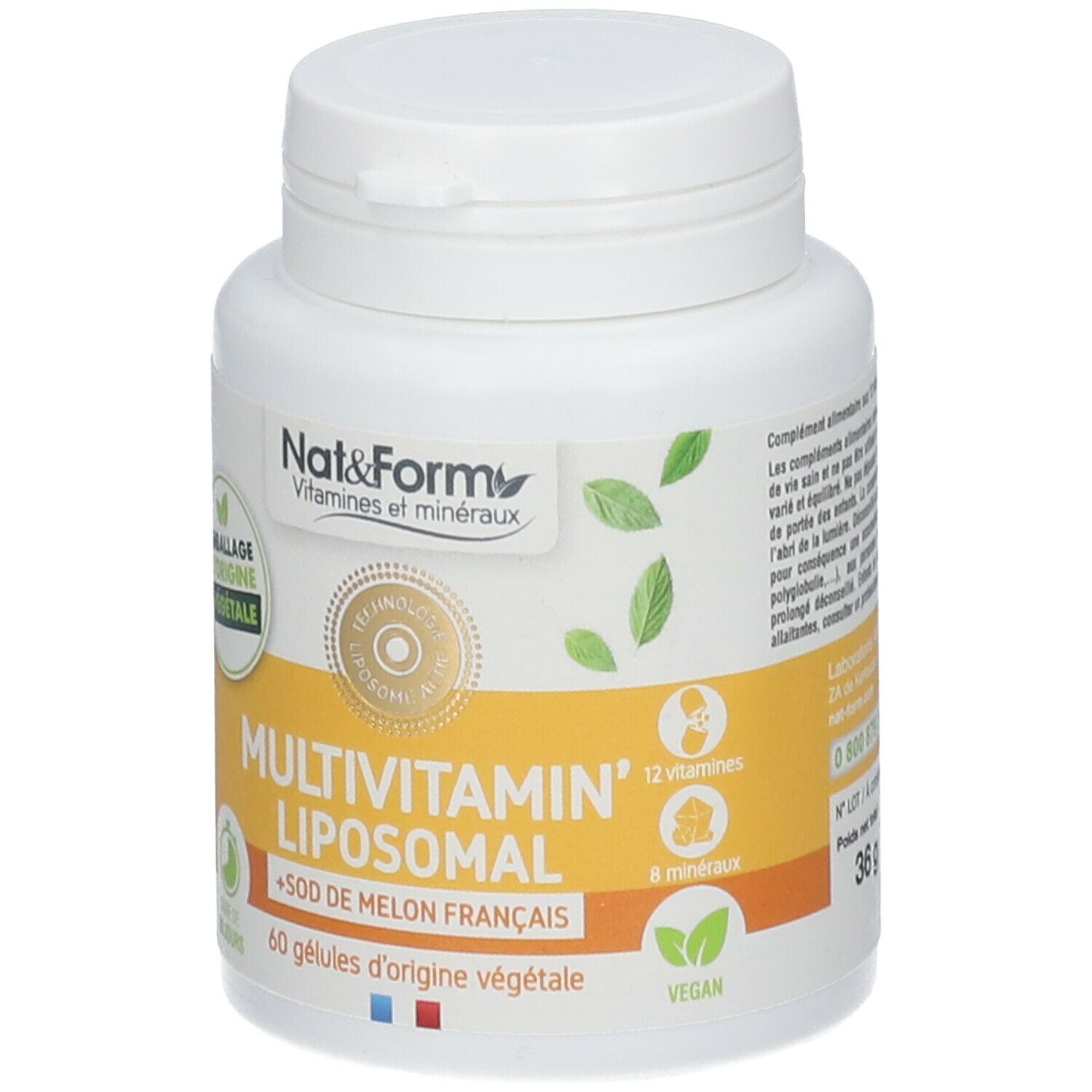 Flacon blanc avec étiquette jaune. Inscription: MULTIVITAMIN' LIPOSOMAL, Nat & Form. Contient 60 gélules. Vegan.