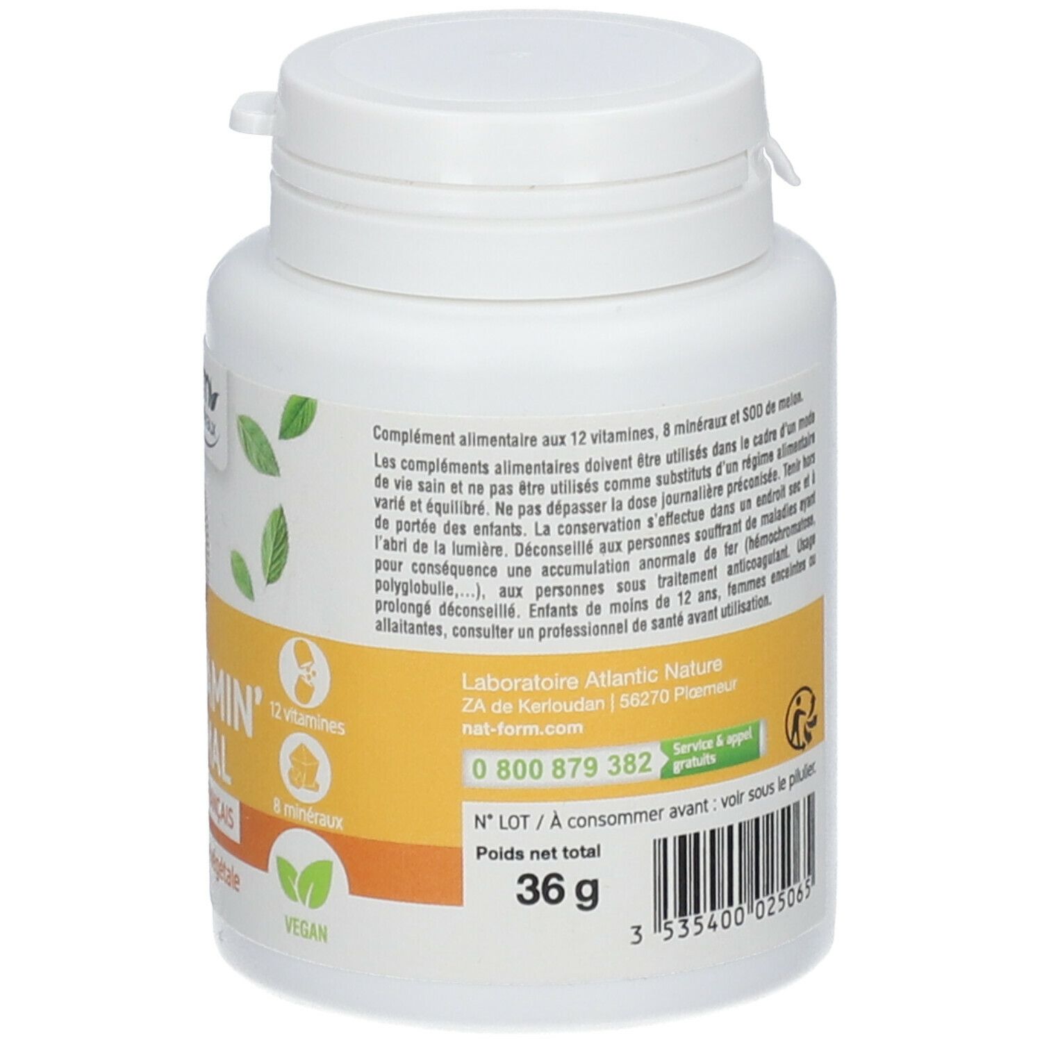 Dos du flacon blanc. Texte sur l'utilisation et les avertissements. Contient des informations sur les ingrédients.