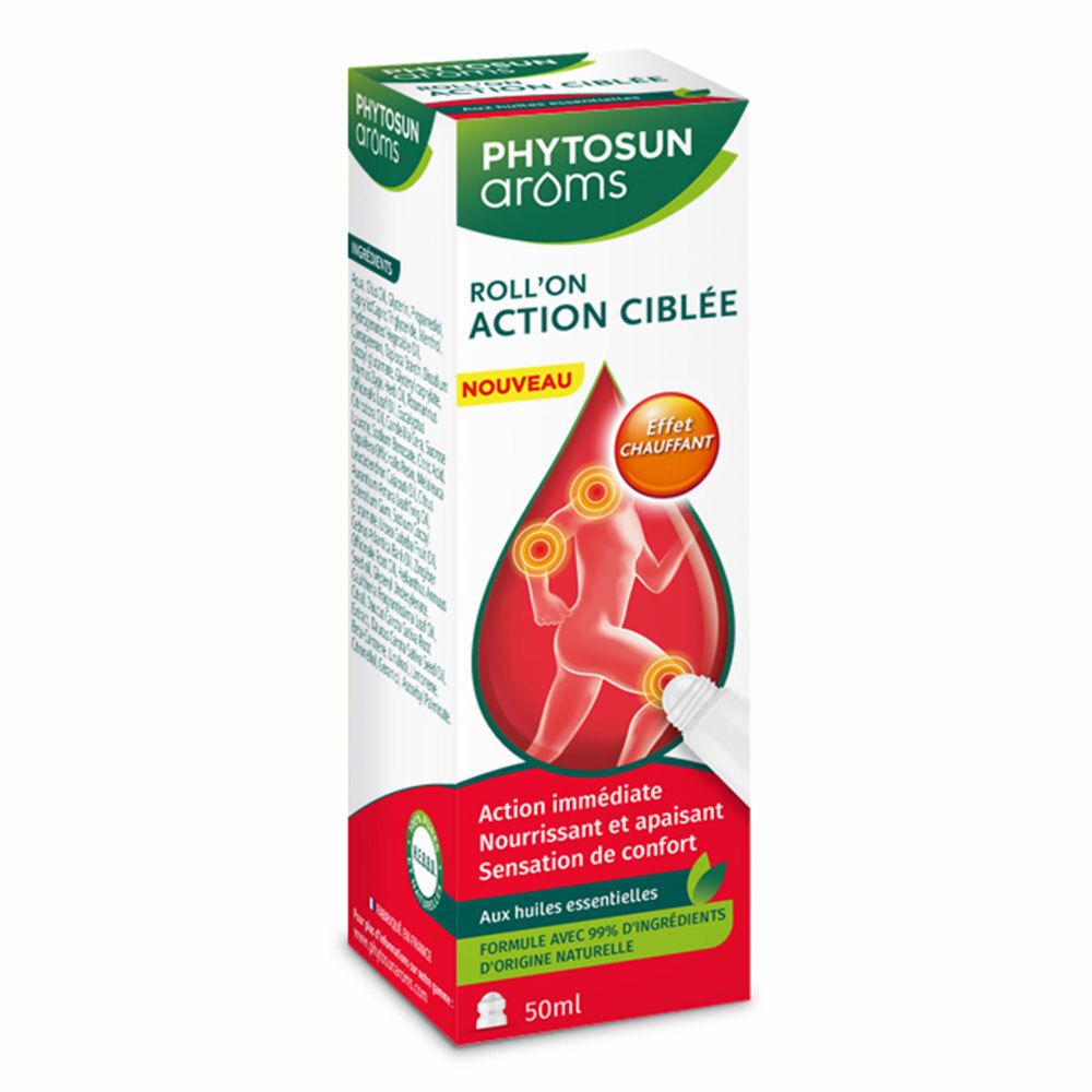 Boîte de PHYTOSUN arôms Roll'on Action Ciblée. Blanc, vert et rouge. Illustration du produit avec roll-on.