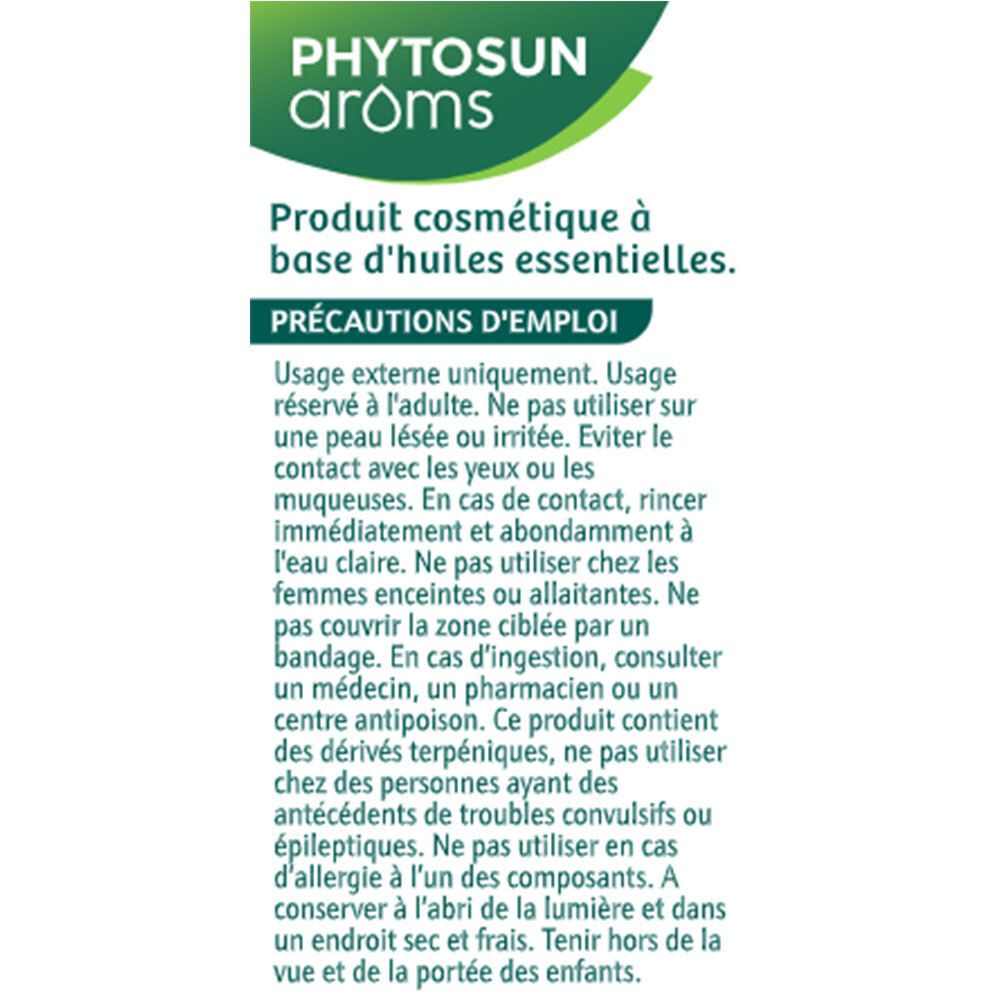 Consignes d'utilisation de PHYTOSUN arôms Roll'on Action Ciblée. Texte sur fond blanc.