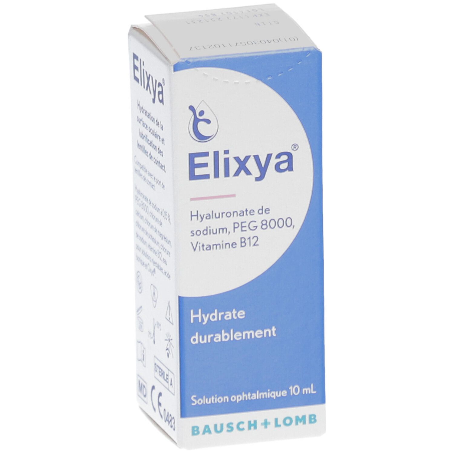 Boîte Elixya. Contient hyaluronate, PEG 8000, vitamine B12. Solution ophtalmique 10 ml. Bausch + Lomb.