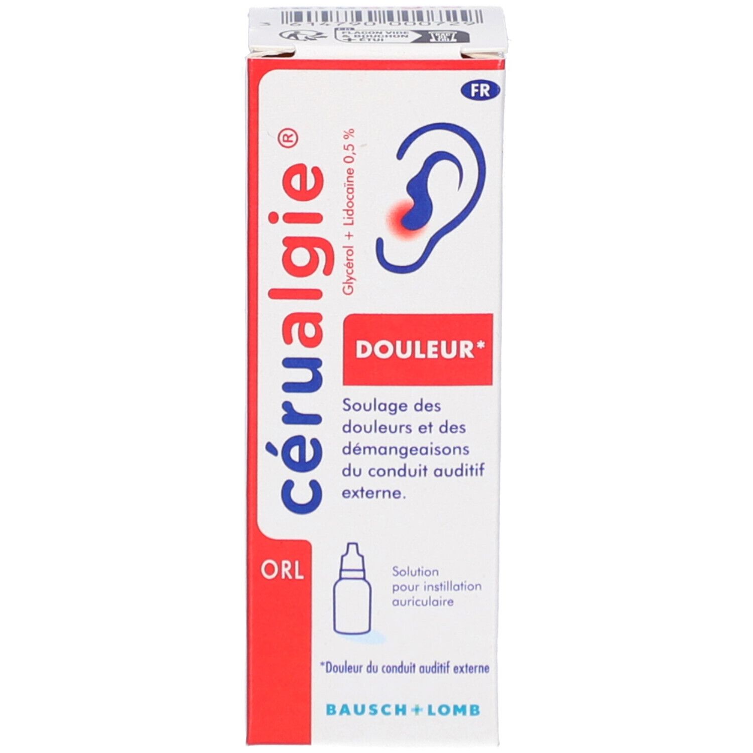 Emballage "cérualgie" pour instillation auriculaire. Flacon et emballage. Texte en français.
