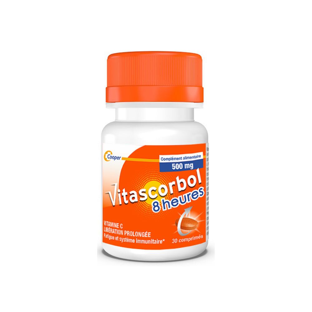 Flacon blanc avec bouchon orange. Logo "Vitascorbol 8 heures". Contient 30 comprimés. Marque Cooper. Texte: Vitamine C, 500 mg.