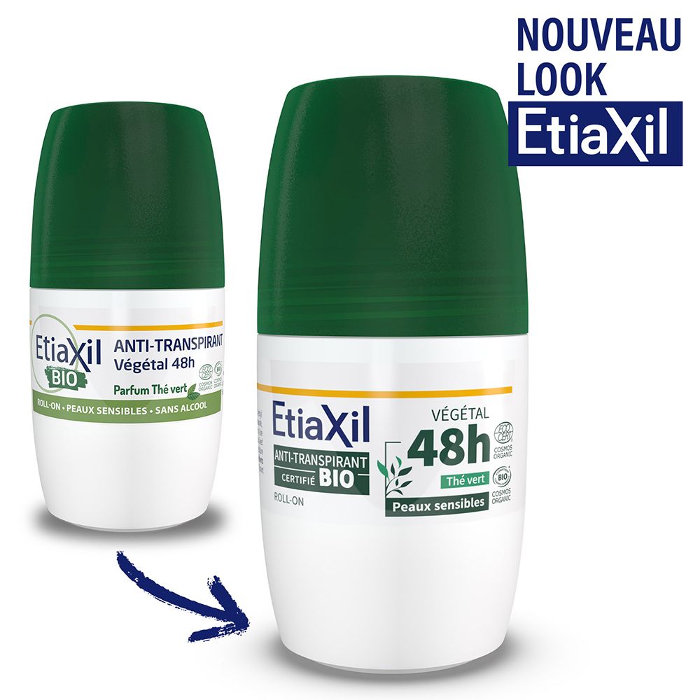 ETIAXIL - Déodorant Anti-transpirant Végétal - Transpiration Modérée - Certifié BIO - Aisselles - 48h - Parfum Thé vert - Roll On