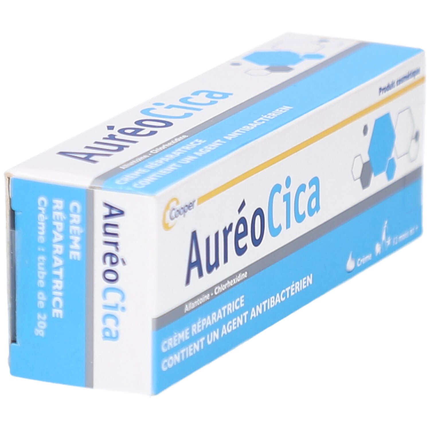Boîte blanche et bleue. Inscription: AuréoCica, Crème réparatrice, contient un agent antibactérien. Marque: Cooper.