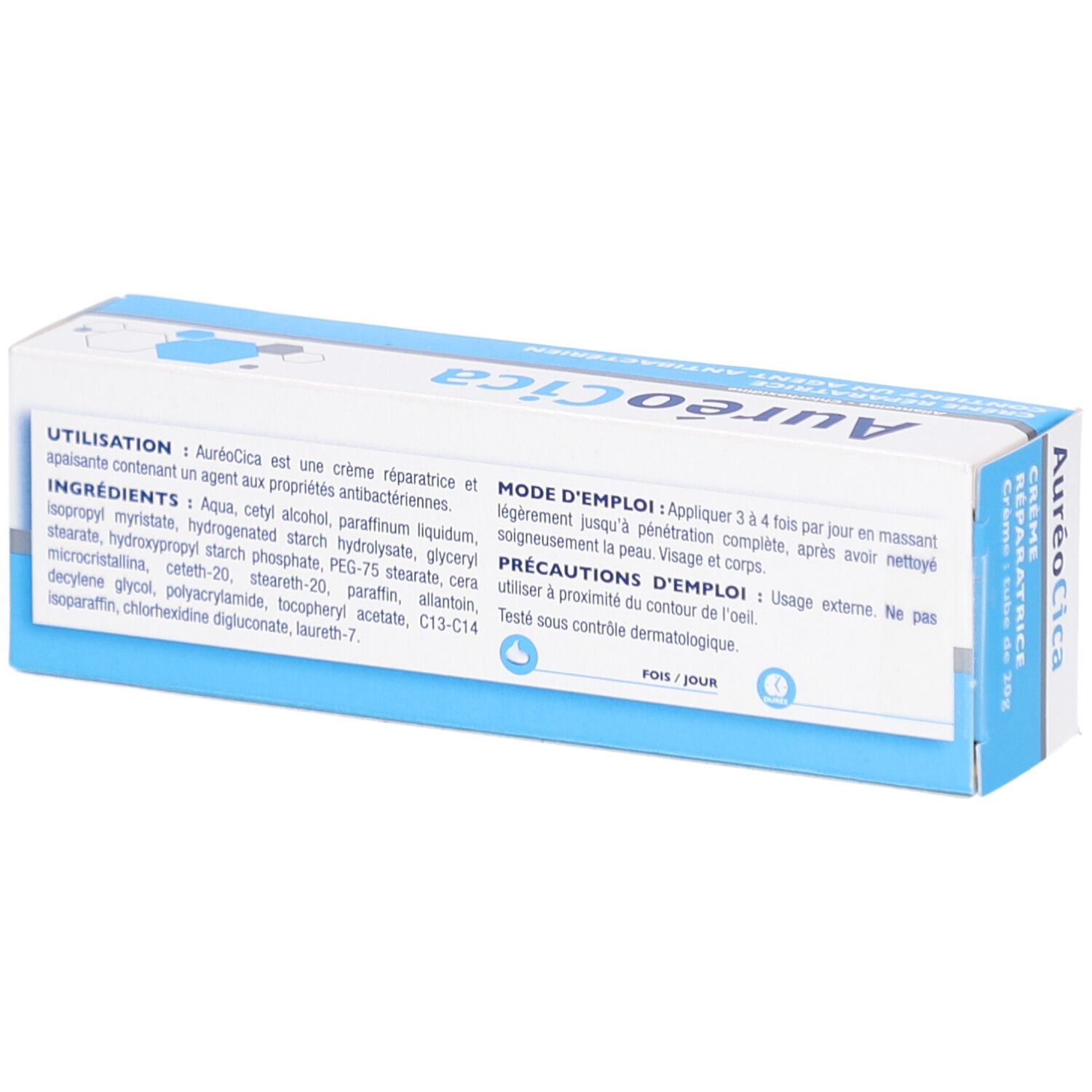 Dos de la boîte blanche et bleue. Texte: Utilisation, ingrédients, précautions. Marque: AuréoCica.