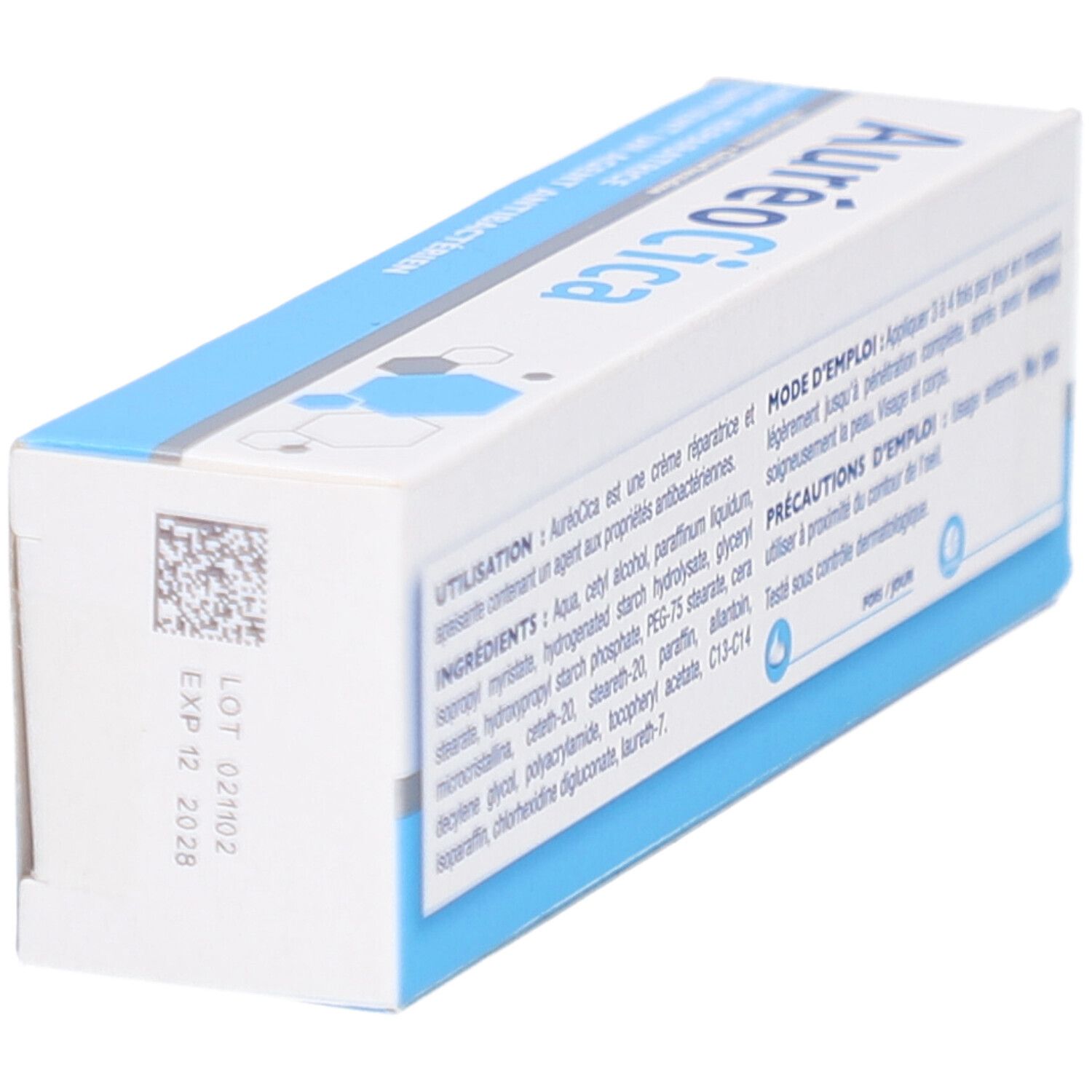 Dos de la boîte blanche et bleue. Texte: Utilisation, ingrédients, précautions. Marque: AuréoCica.