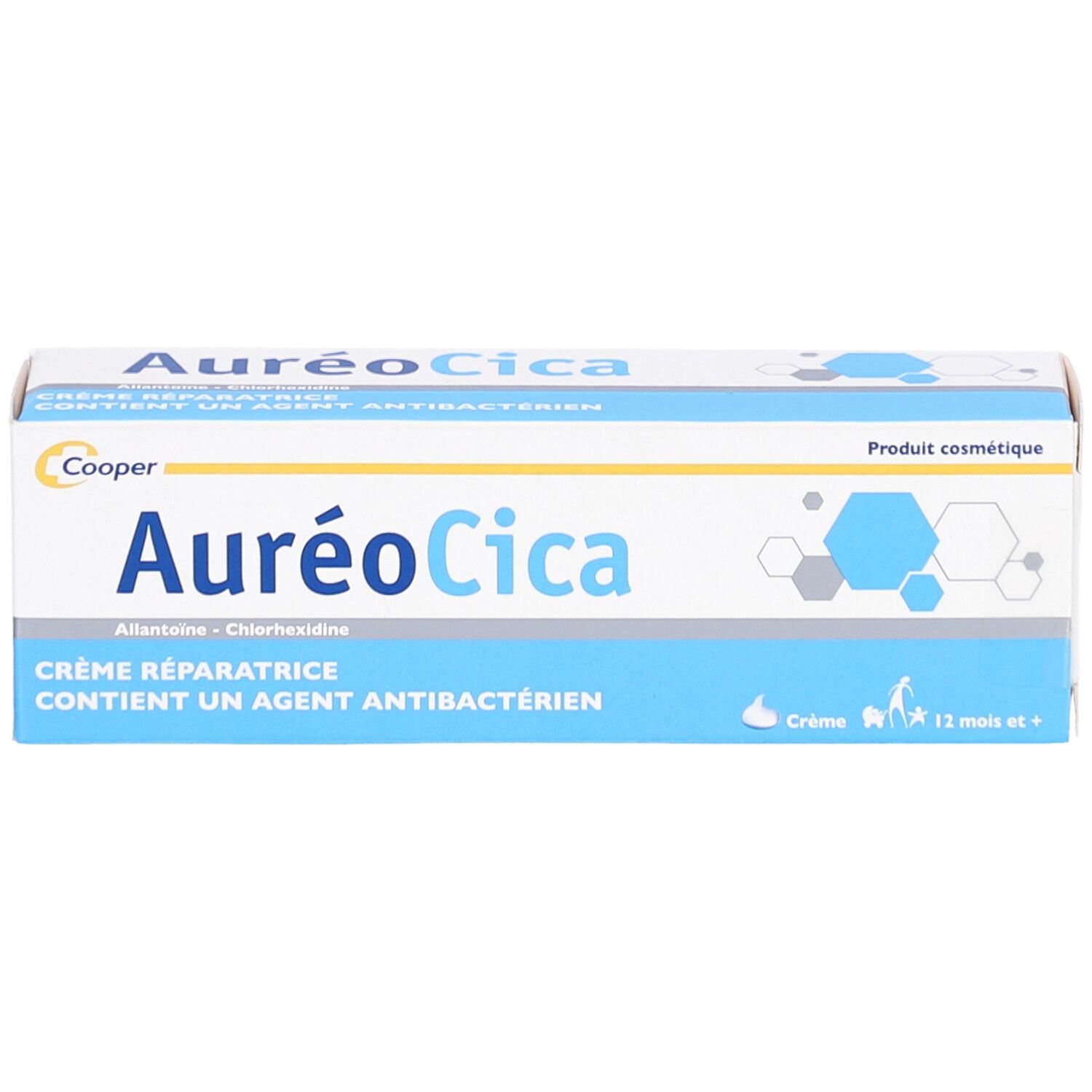 Boîte blanche et bleue. Inscription: AuréoCica, Crème réparatrice, contient un agent antibactérien. Marque: Cooper.