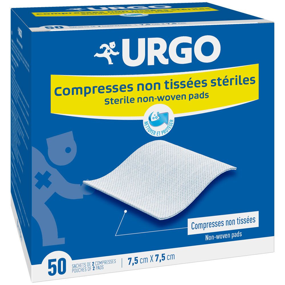 Boîte bleue et blanche URGO. Compresses non tissées stériles. Dimensions 7,5 cm x 7,5 cm. Contient 50 compresses.