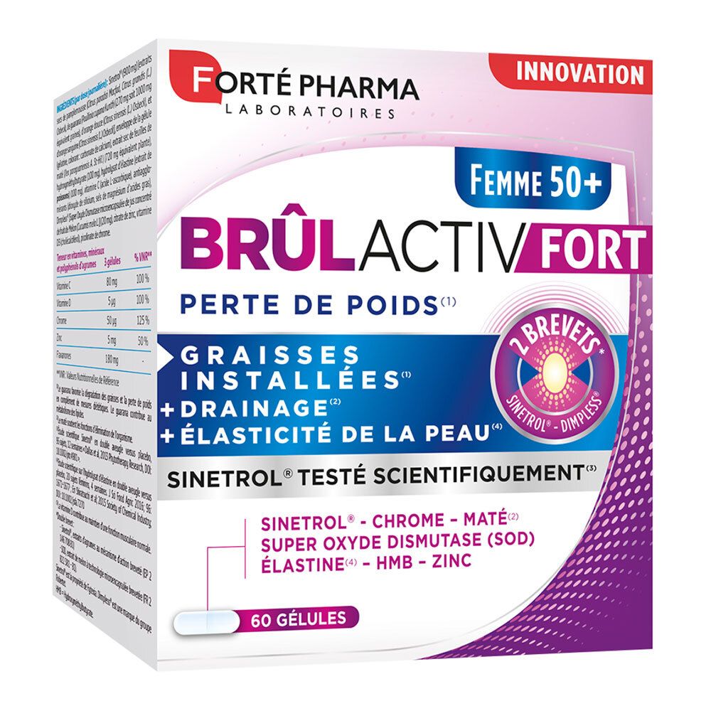 Boîte de Forté Pharma BRÛLACTIV FORT FEMME 50+. Carton blanc avec nom et logo du produit. Contient 60 gélules.
