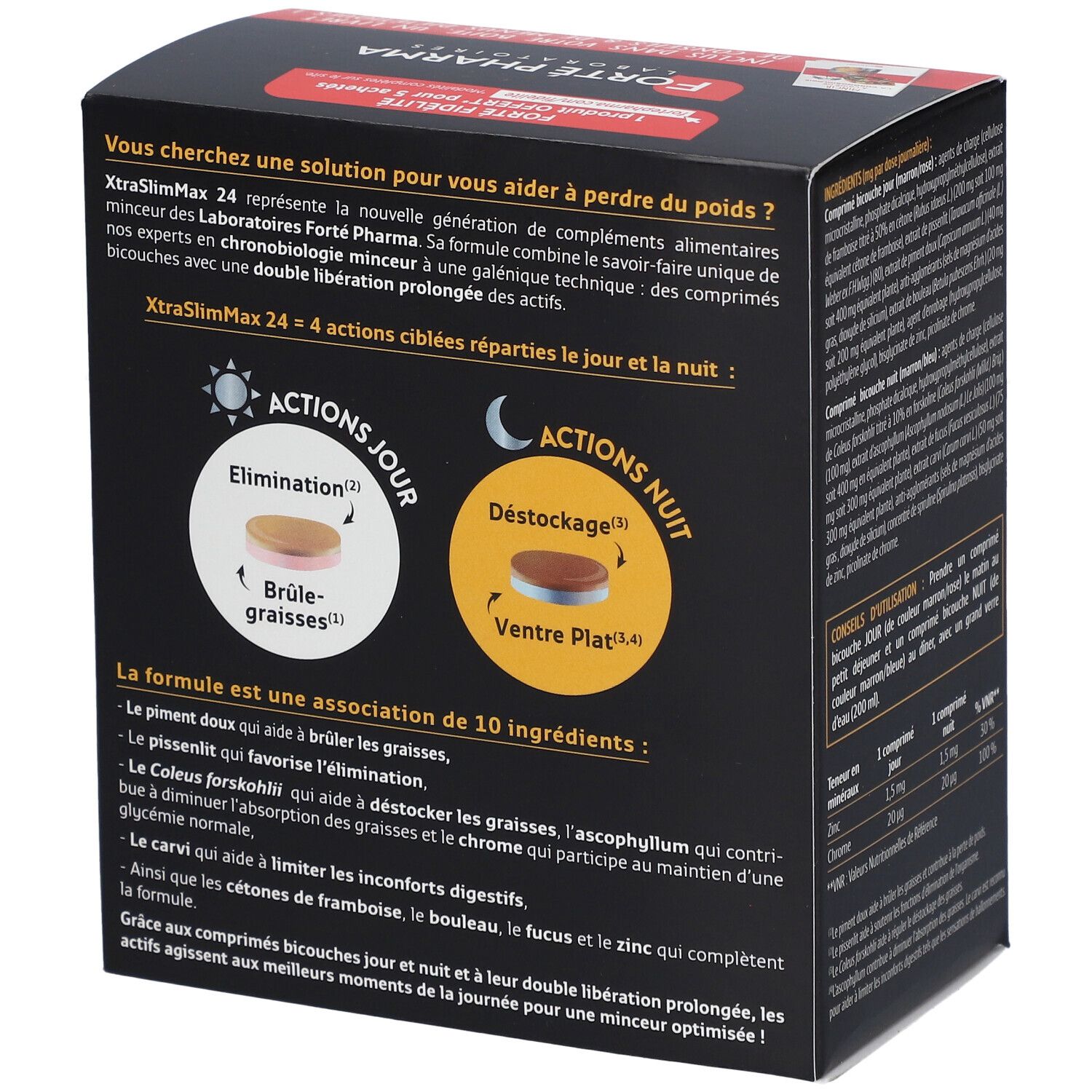 Dos de la boîte Forté Pharma XtraSlim Max 24. Informations sur les ingrédients et le fonctionnement.
