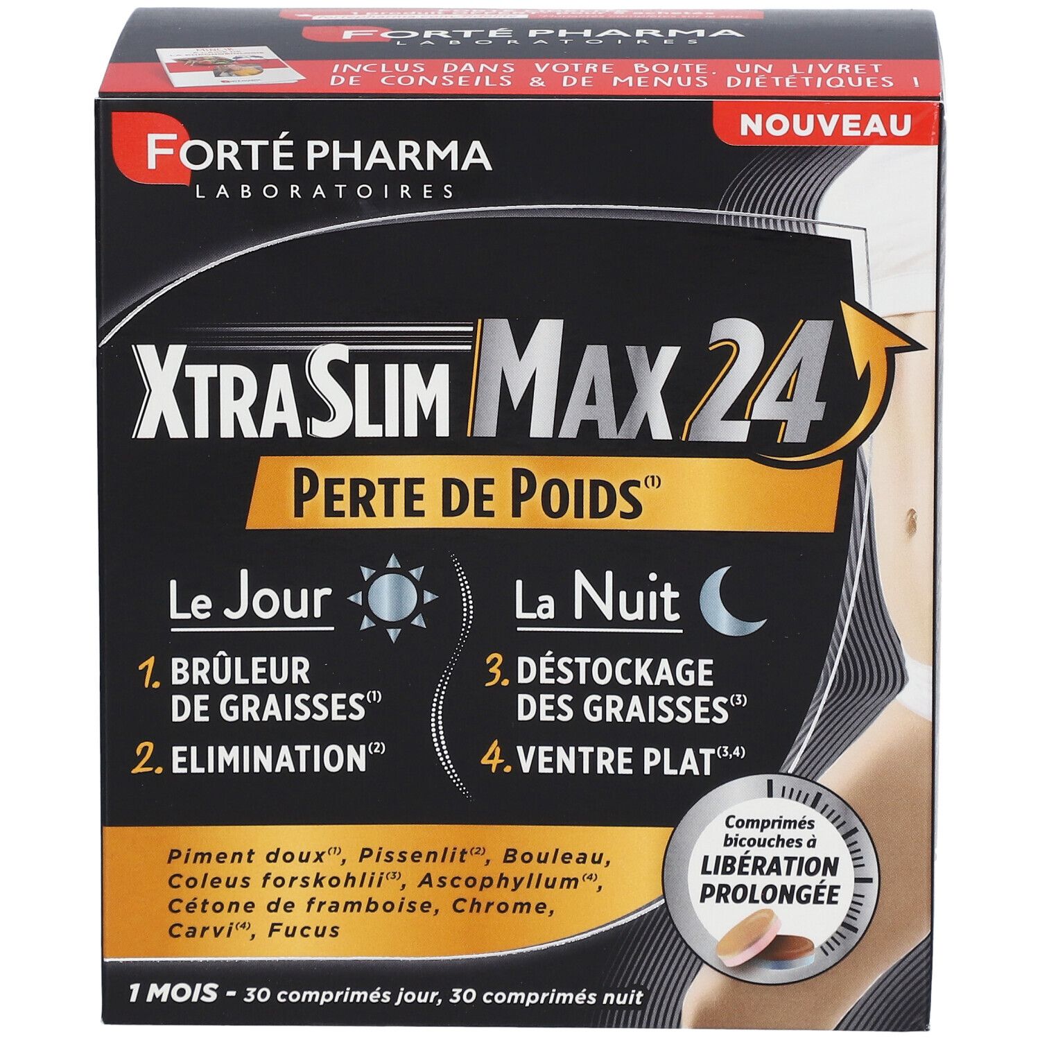 Boîte Forté Pharma XtraSlim Max 24. Comprimés jour et nuit. Inscription 'Poids'.