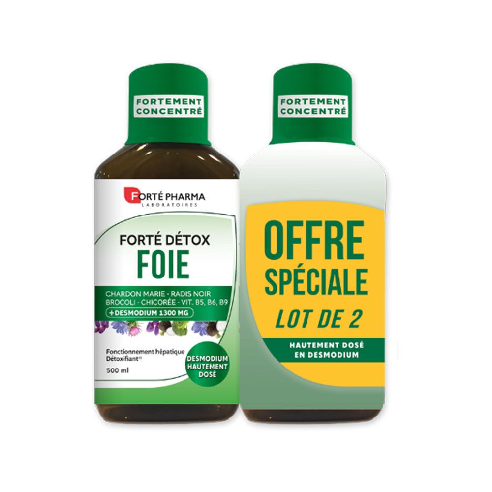 Deux flacons de Forté Pharma FORTÉ DÉTOX FOIE. Un flacon avec informations produit, l'autre avec "Offre Spéciale" et "Lot de 2".