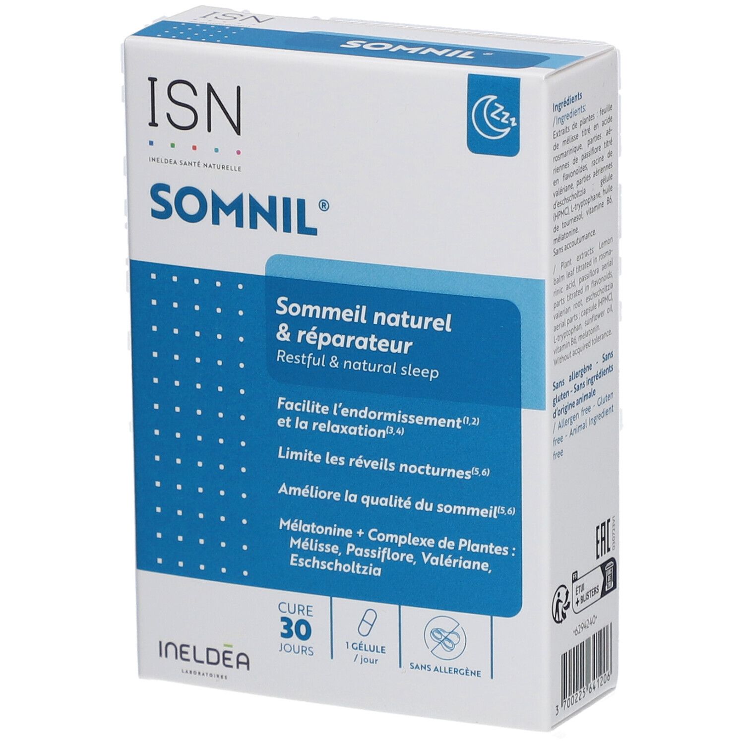Boîte blanche avec texte bleu. Inscription: SOMNIL, ISN, 30 gélules. Contient mélatonine et extraits de plantes.