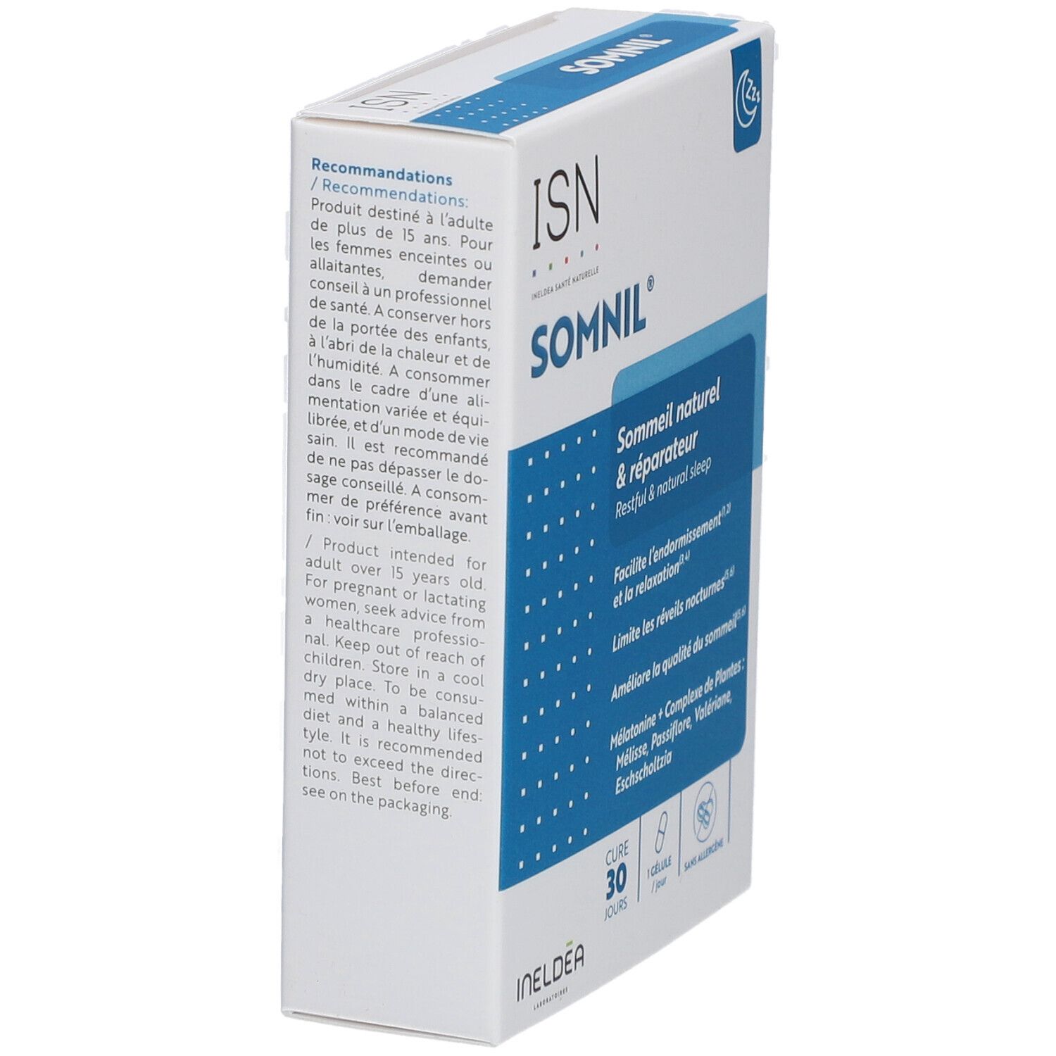 Boîte blanche avec texte bleu. Inscription: SOMNIL, ISN, 30 gélules. Contient mélatonine et extraits de plantes.