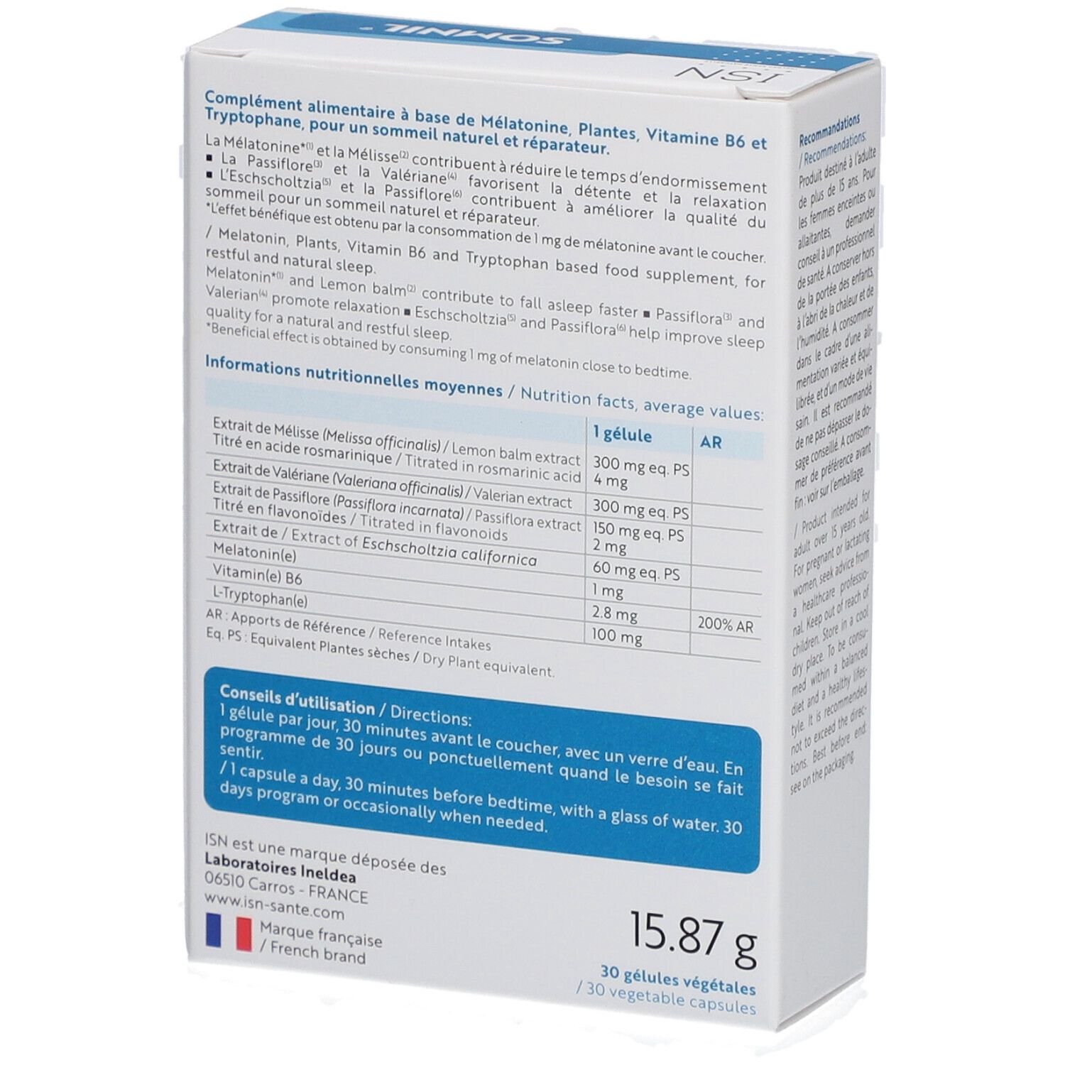 Dos de la boîte. Contient des informations sur les ingrédients, le dosage et les valeurs nutritionnelles. Poids: 15,87 g.