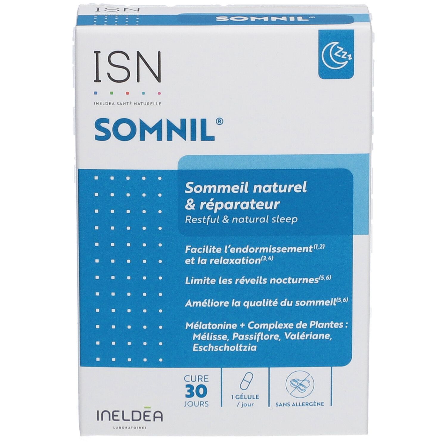 Boîte blanche avec texte bleu. Inscription: SOMNIL, ISN, 30 gélules. Contient mélatonine et extraits de plantes.