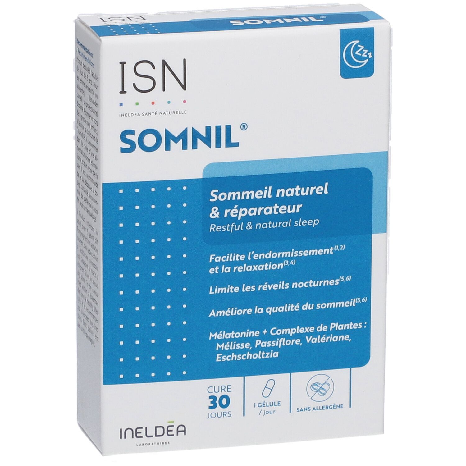 Boîte blanche avec texte bleu. Inscription: SOMNIL, ISN, 30 gélules. Contient mélatonine et extraits de plantes.