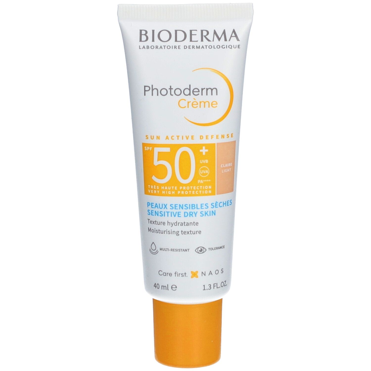 Tube de crème avec bouchon jaune. Inscription : Bioderma, Photoderm Crème SPF 50+. Pour peaux sensibles sèches.