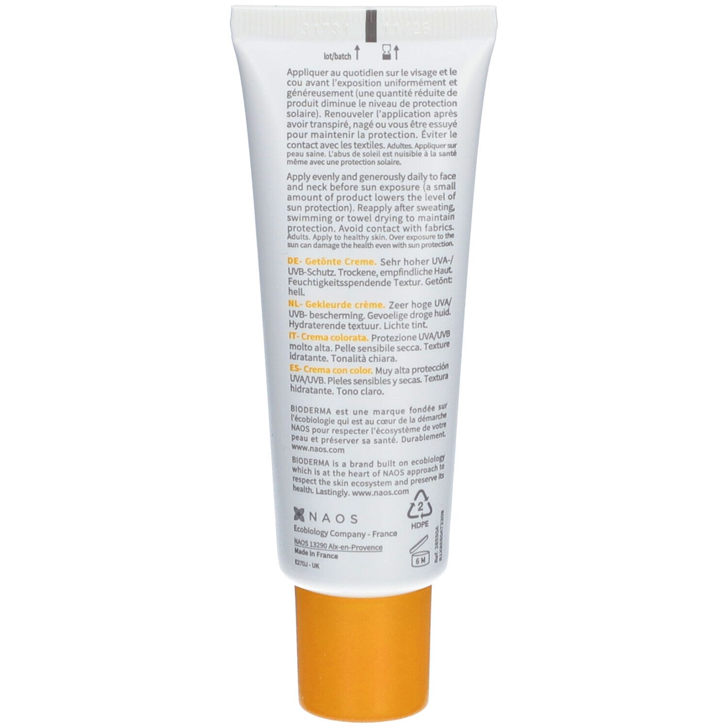 Dos du tube de crème. Texte en plusieurs langues, dont l'allemand, le français, l'italien et le néerlandais.