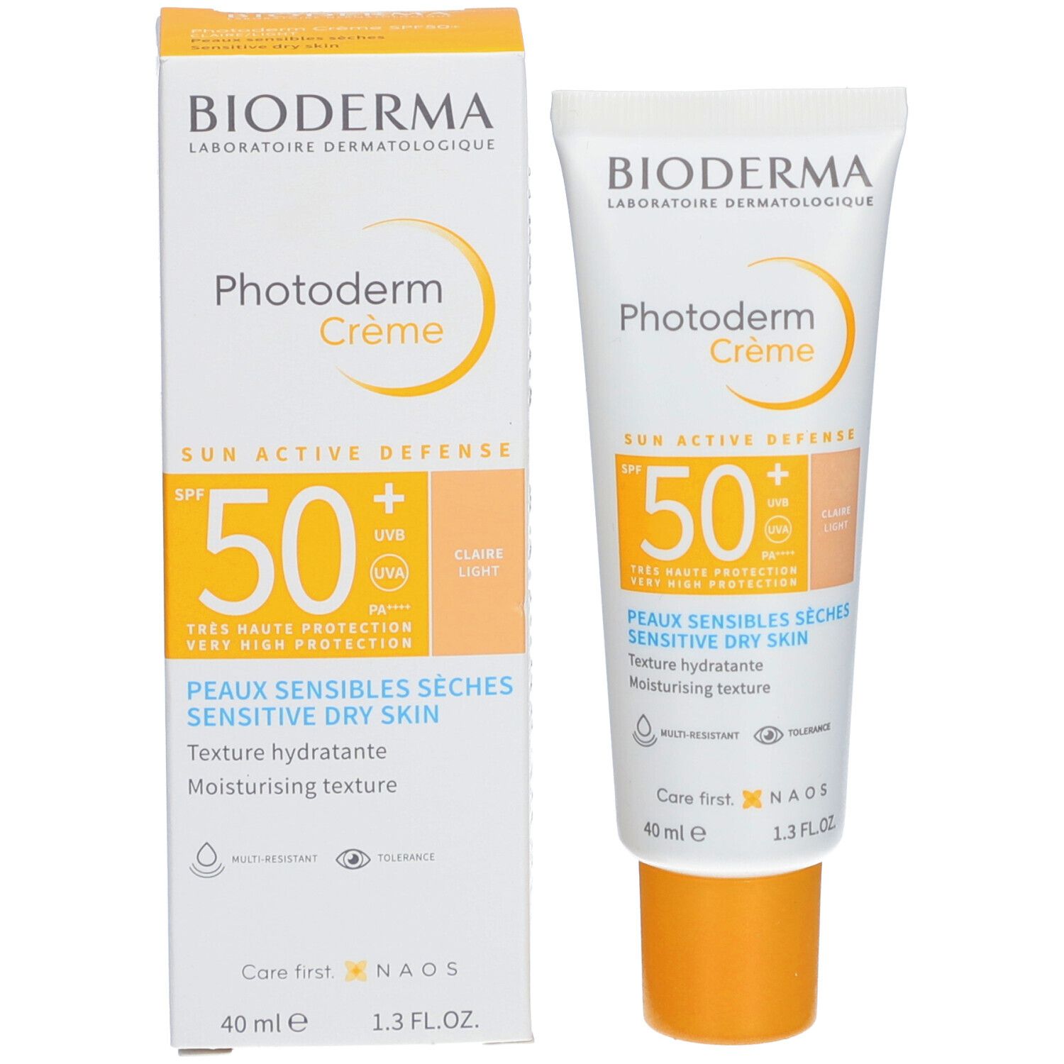 Emballage du produit avec tube. Inscription : Bioderma, Photoderm Crème SPF 50+. Pour peaux sensibles sèches.