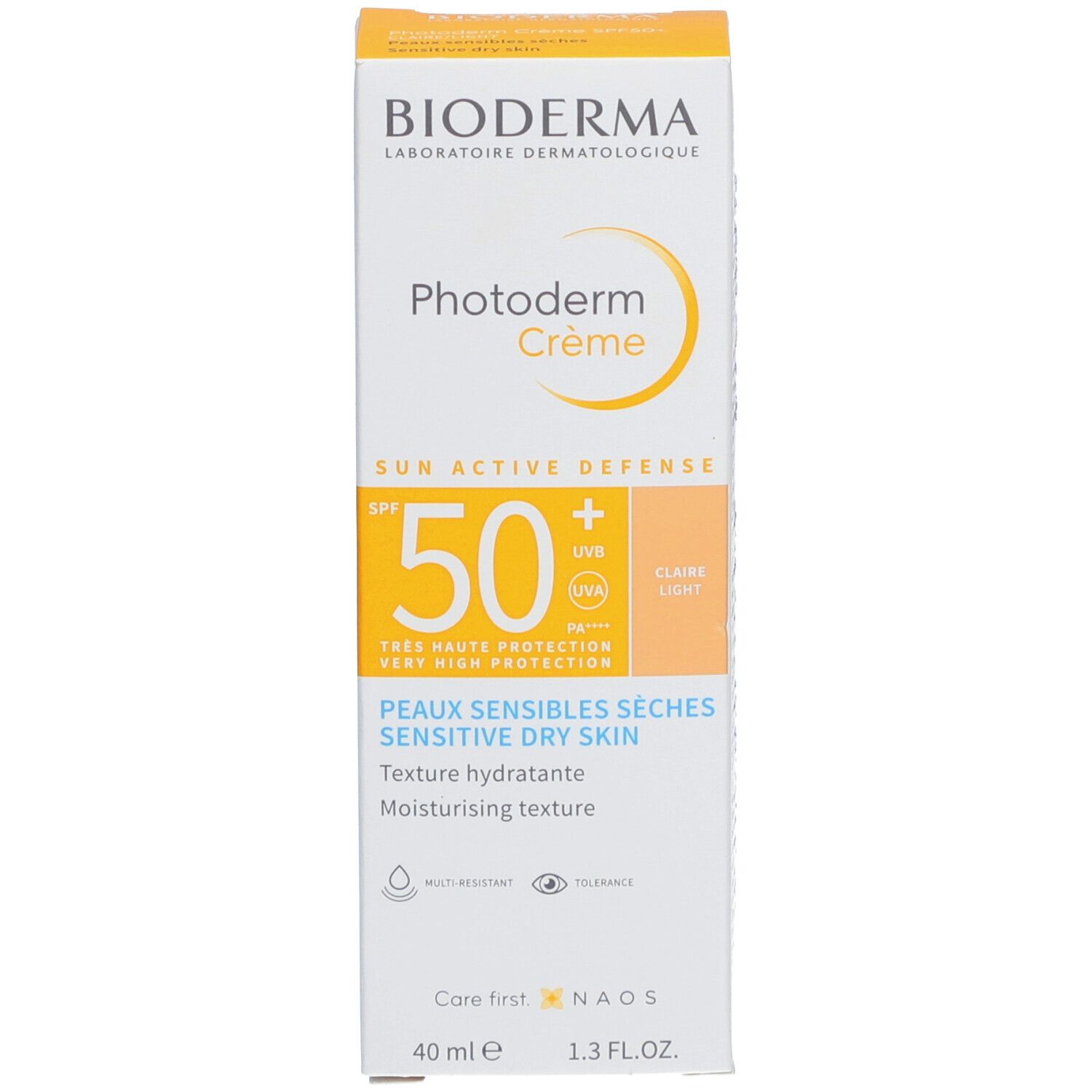 Emballage du produit. Inscription : Bioderma, Photoderm Crème SPF 50+. Pour peaux sensibles sèches.