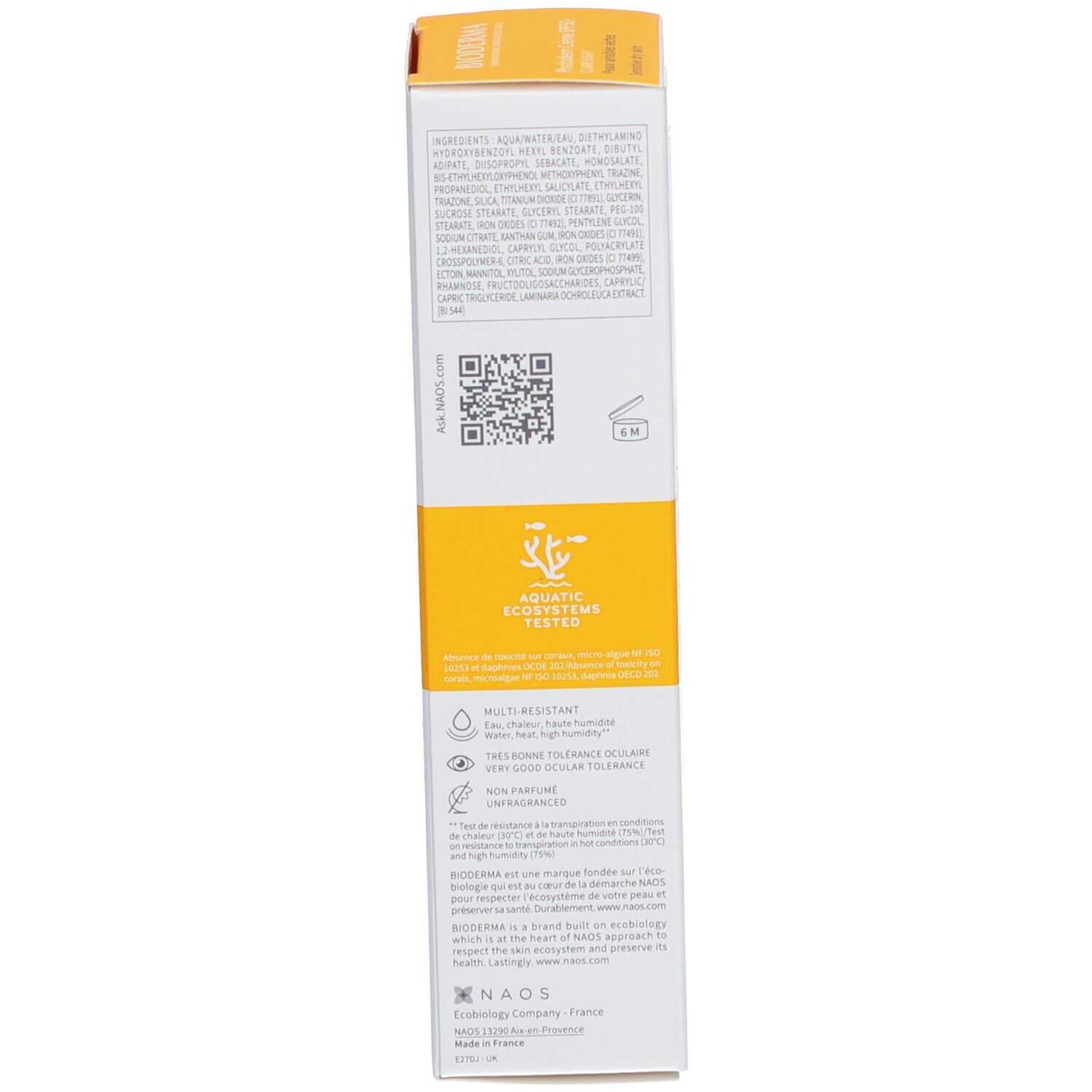 Vue latérale de l'emballage du produit. Texte avec ingrédients et certifications. Fond jaune.