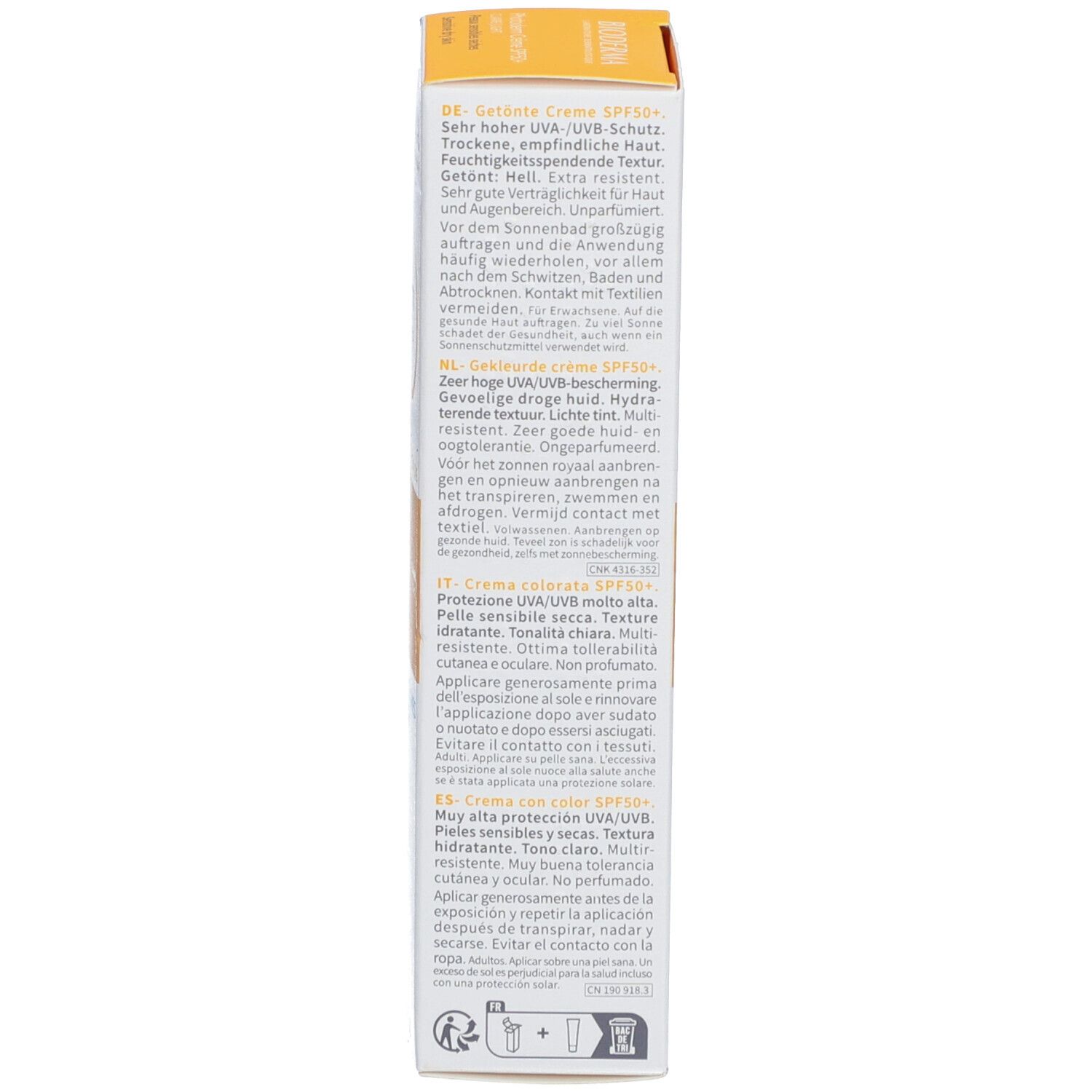 Côté de l'emballage du produit avec texte en plusieurs langues, dont l'allemand, le français, l'italien et le néerlandais.