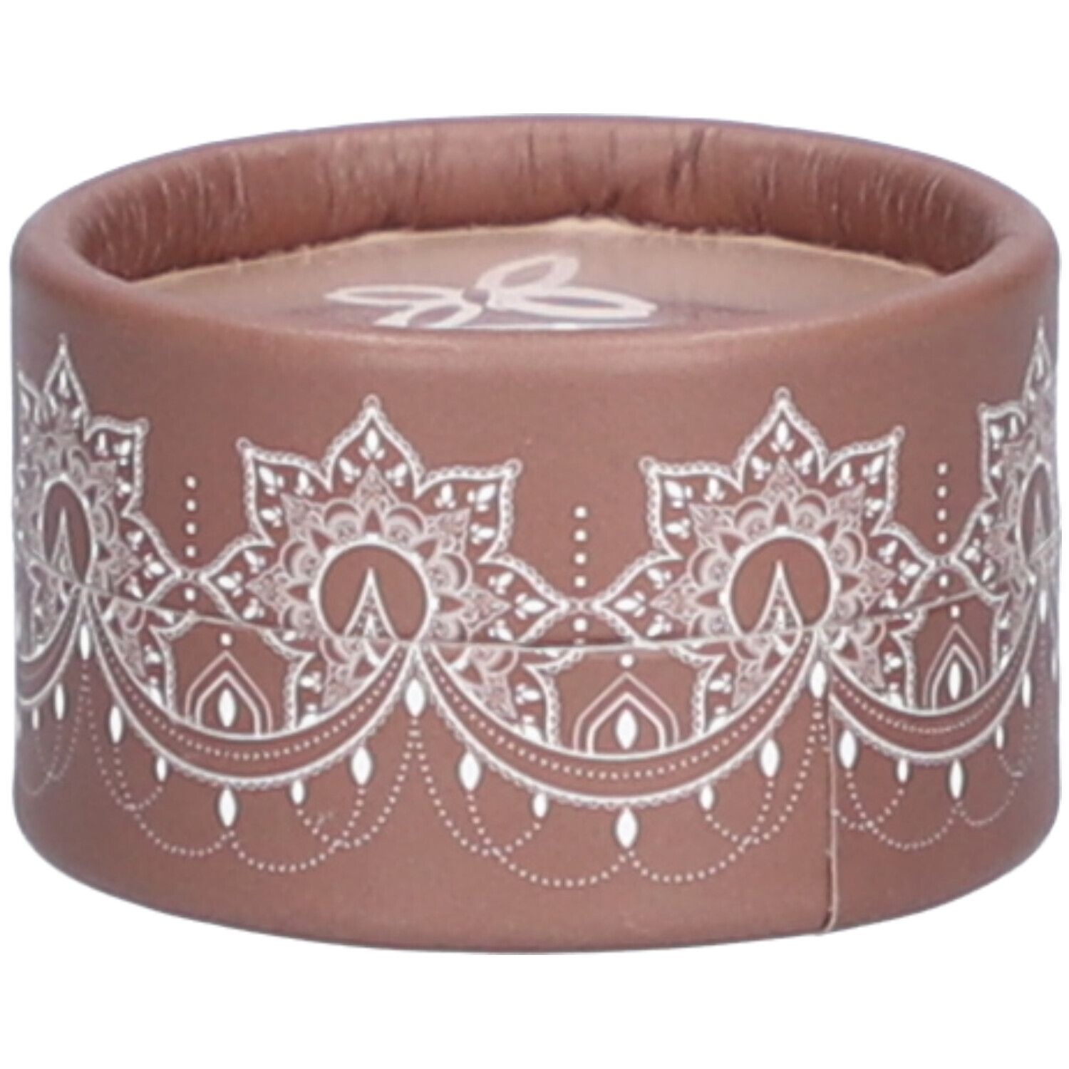 Contenant rond marron avec motif blanc. Couvercle avec logo. Produit cosmétique.