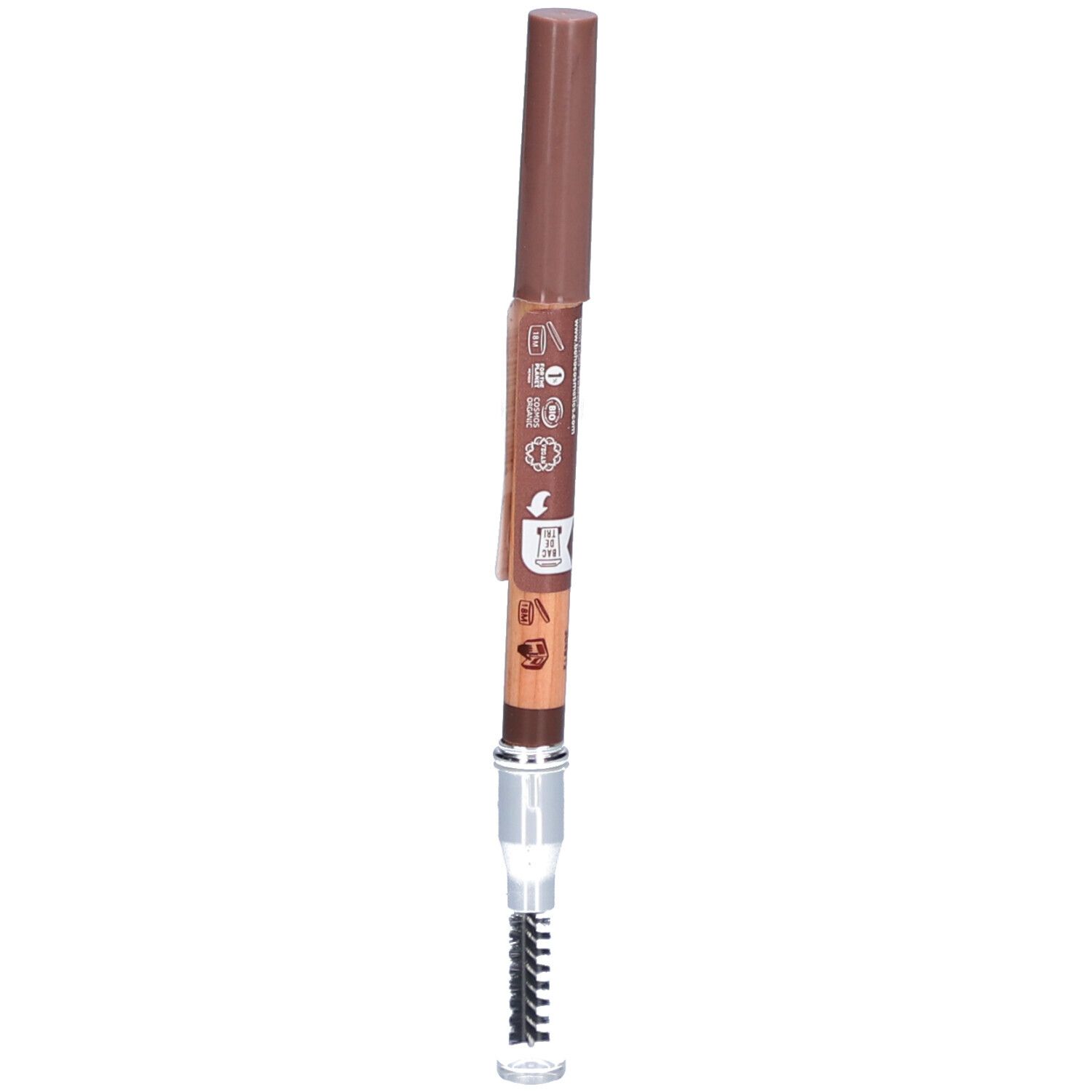 Crayon à sourcils brun avec brosse. Crayon et capuchon bruns. Brosse avec protection transparente.