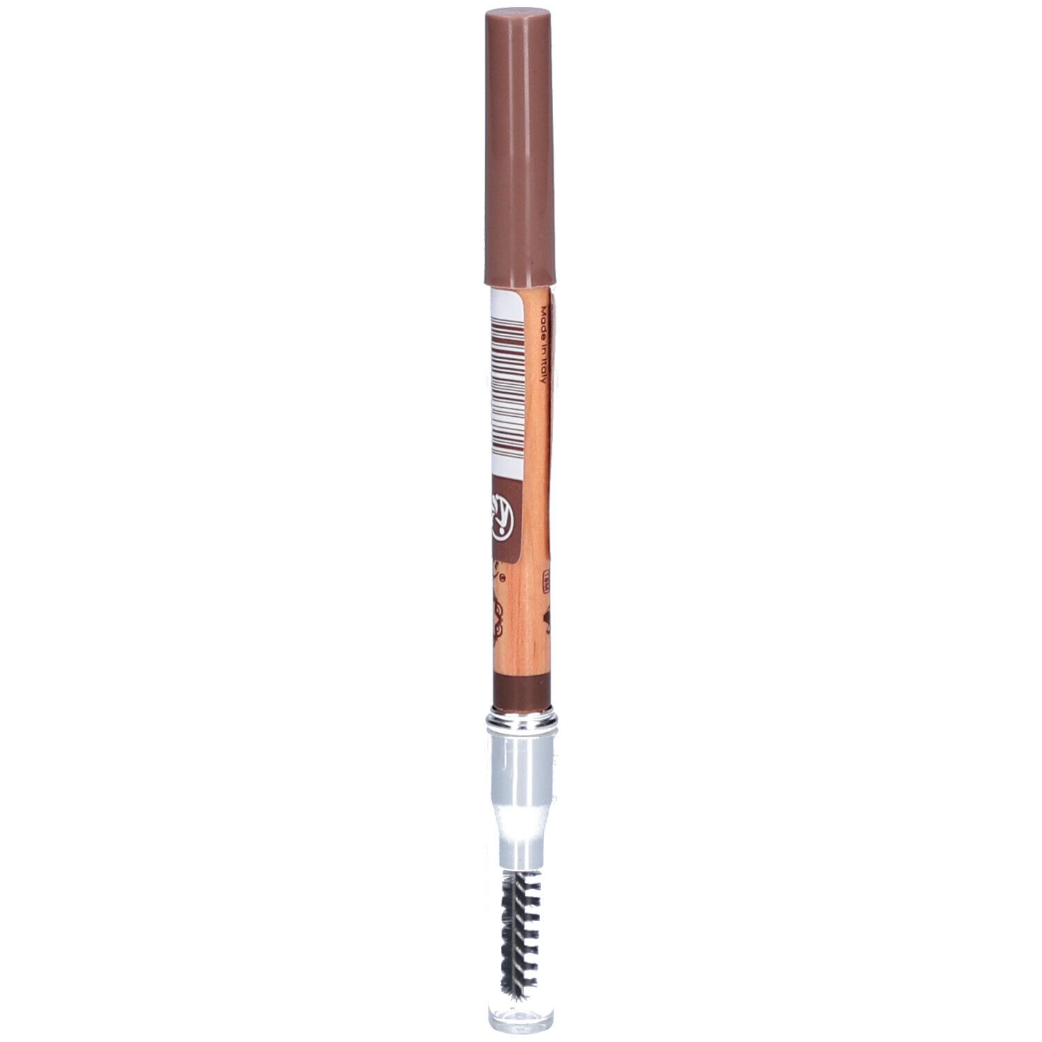 Crayon à sourcils brun avec brosse. Crayon et capuchon bruns. Code-barres sur le côté.