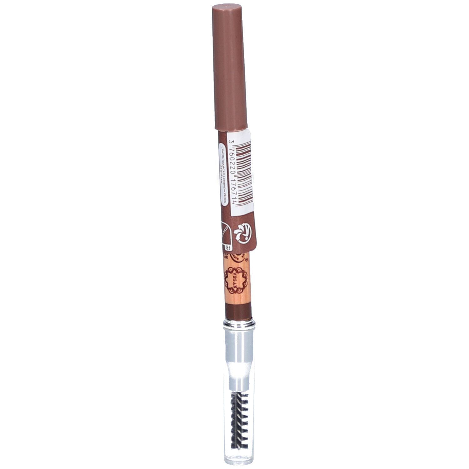 Crayon à sourcils brun avec brosse. Crayon et capuchon bruns. Code-barres et texte sur le côté.