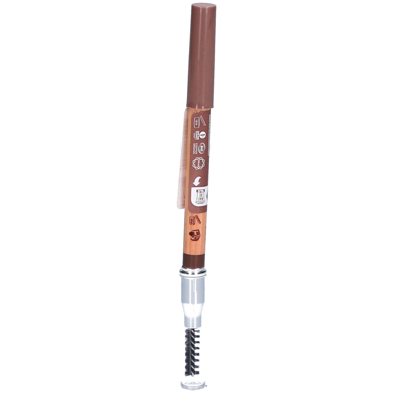 Crayon à sourcils brun avec brosse. Crayon et capuchon bruns. Divers symboles et texte sur le côté.