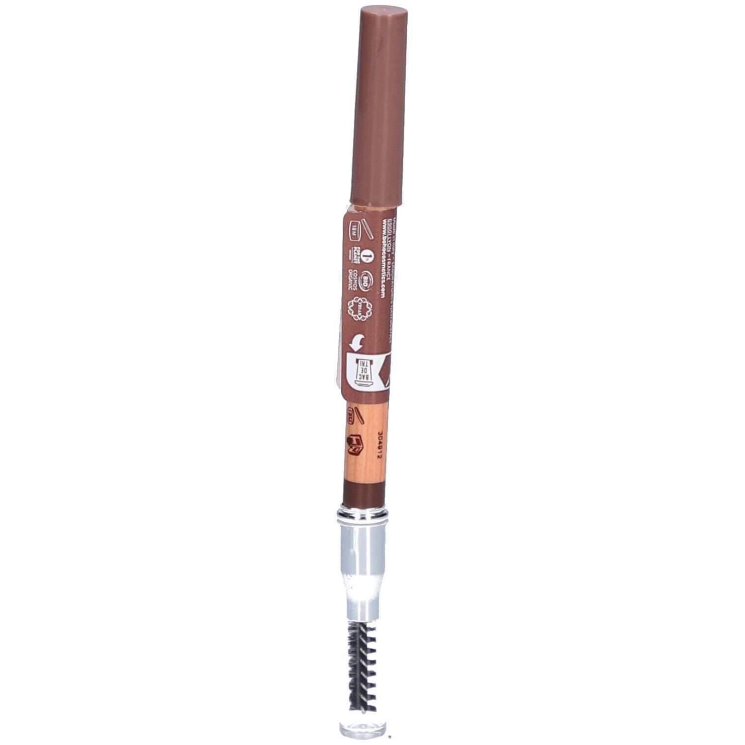 Crayon à sourcils brun avec brosse. Crayon et capuchon bruns. Divers symboles et texte sur le côté.
