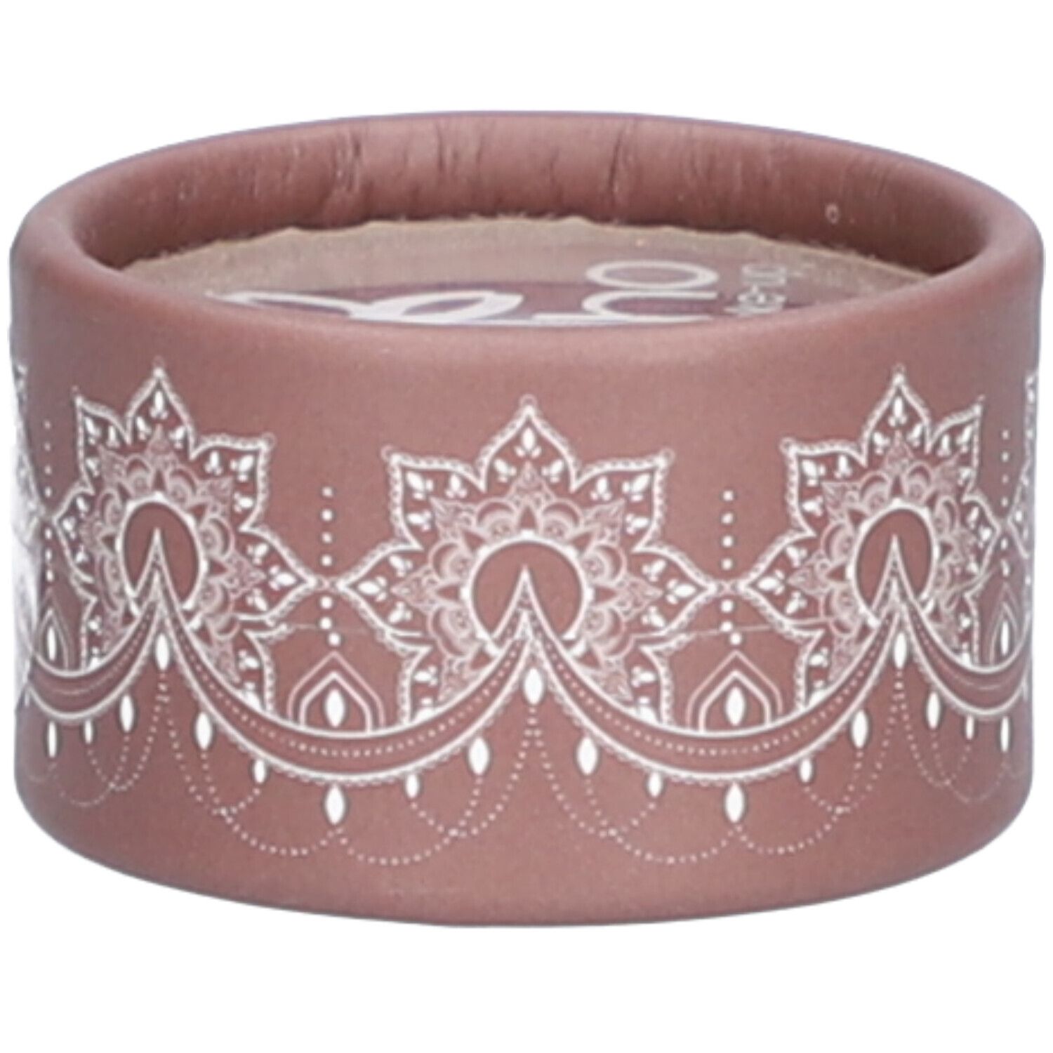 Contenant rond brun avec motif floral blanc. Logo visible sur le dessus.