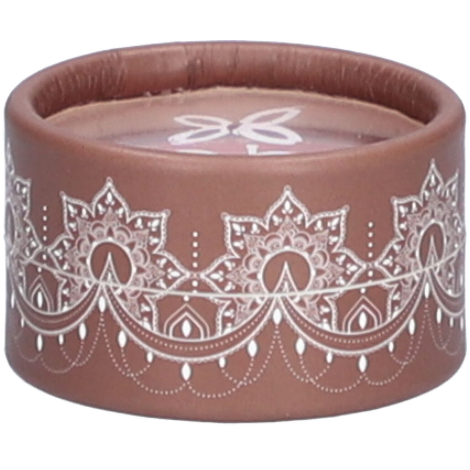 Contenant rond marron avec motif floral blanc. Dessus transparent. Couvercle avec logo.