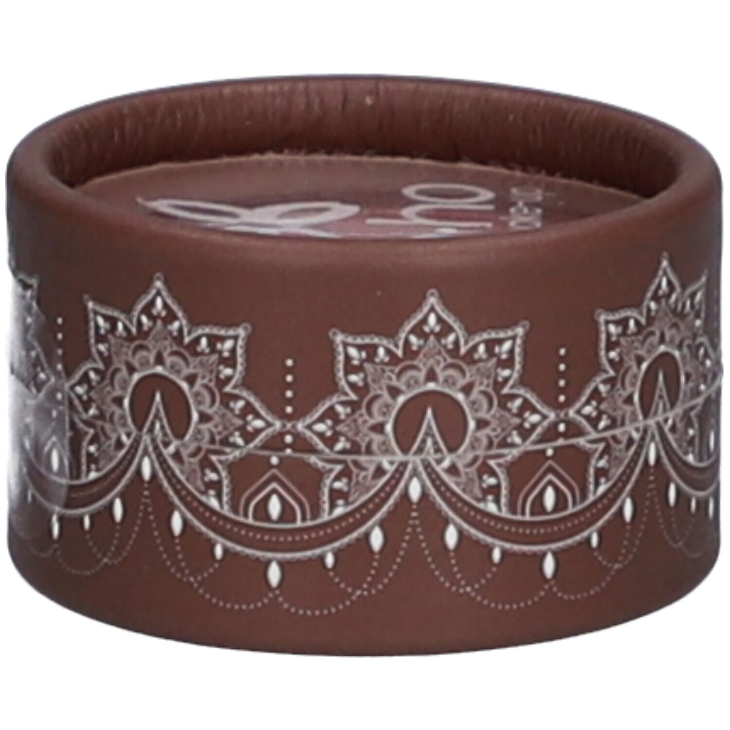 Contenant rond marron avec motif floral blanc. Dessus transparent. Couvercle avec logo.
