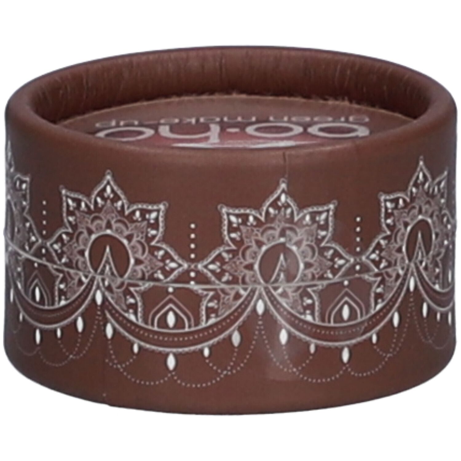 Contenant rond marron avec motif floral blanc. Dessus transparent. Couvercle avec logo.