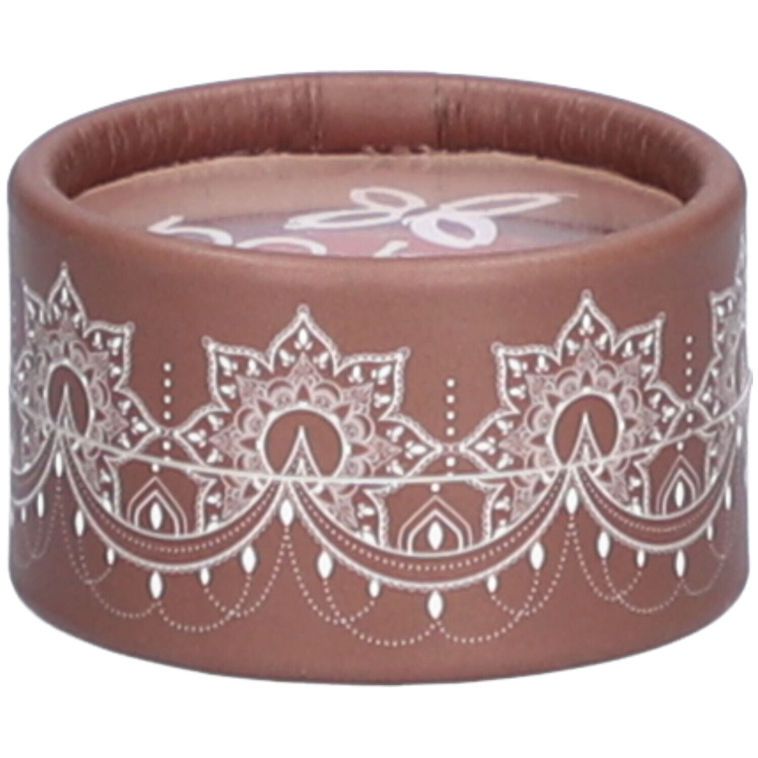 Contenant rond marron avec motif floral blanc. Dessus transparent. Couvercle avec logo.