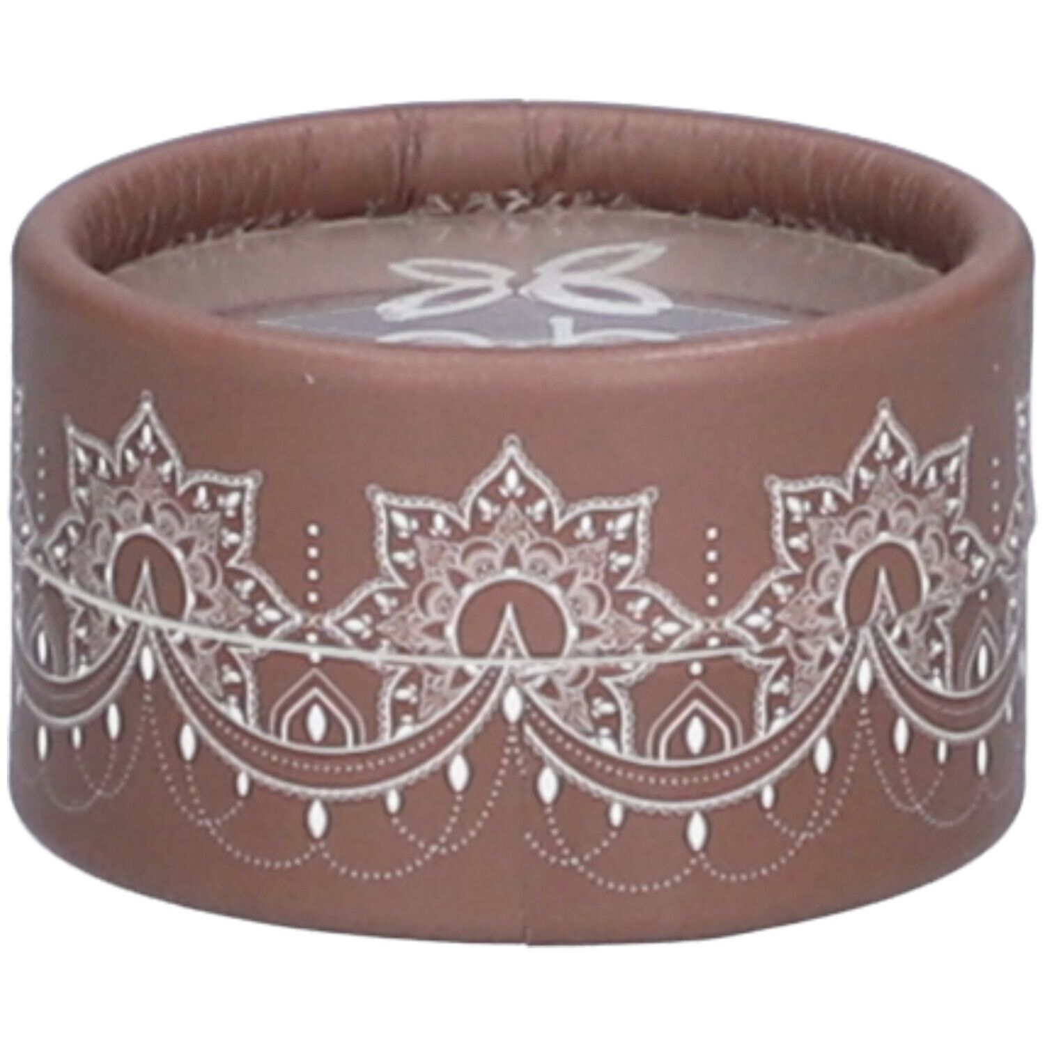 Emballage rond marron avec motif blanc. Dessus transparent. Inscription illisible.