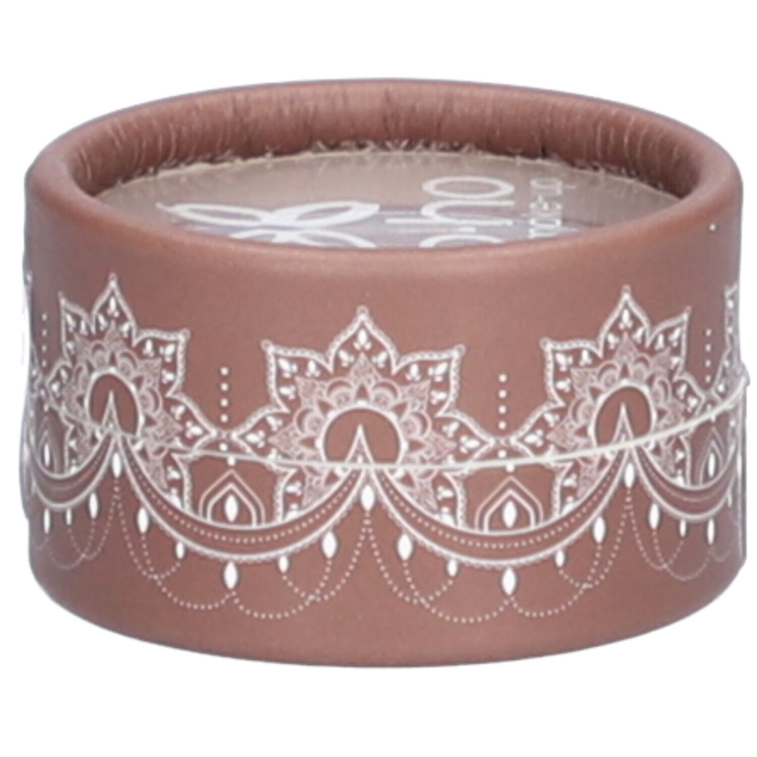 Emballage rond marron avec motif blanc. Dessus transparent. Inscription illisible.