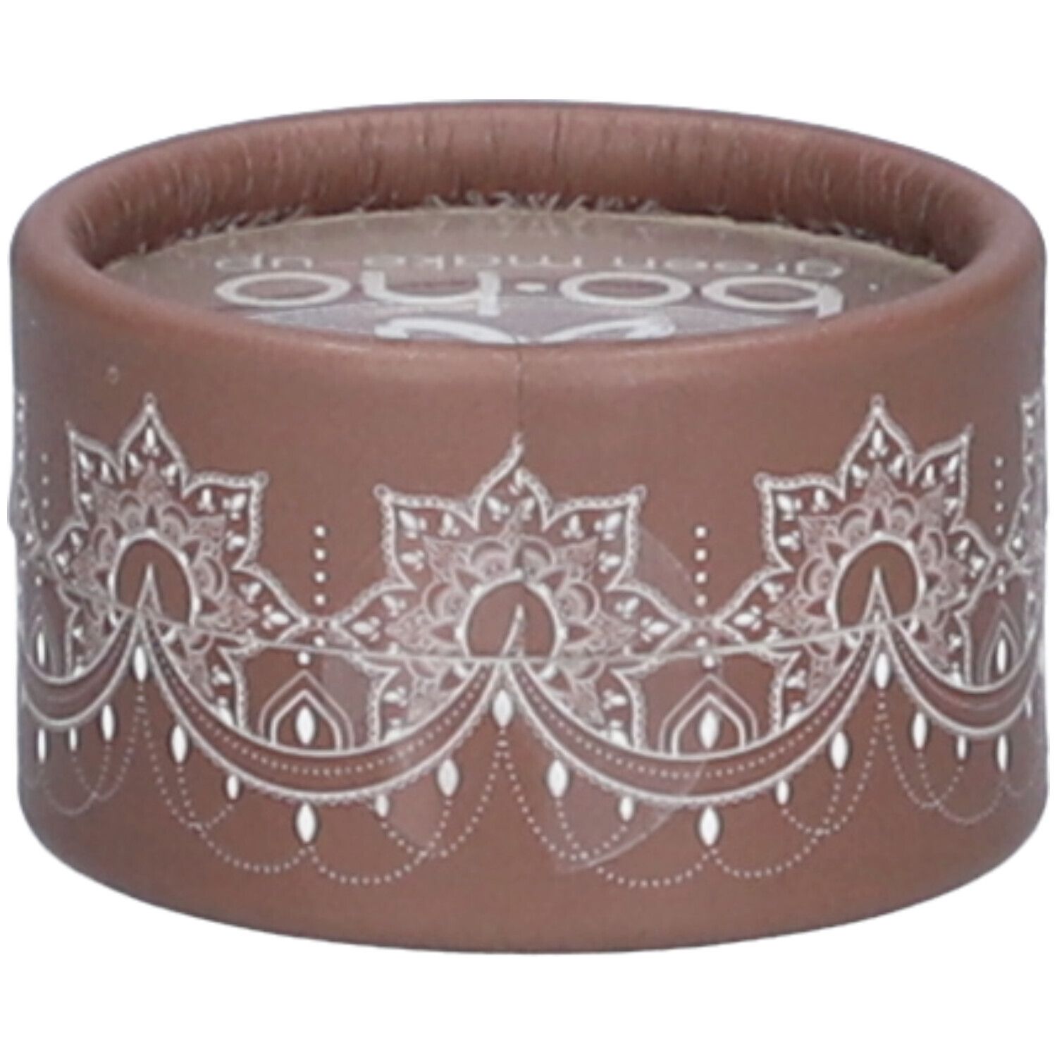 Emballage rond marron avec motif blanc. Dessus transparent. Inscription illisible.