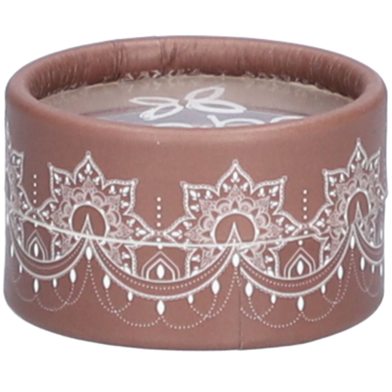 Emballage rond marron avec motif blanc. Dessus transparent. Inscription illisible.