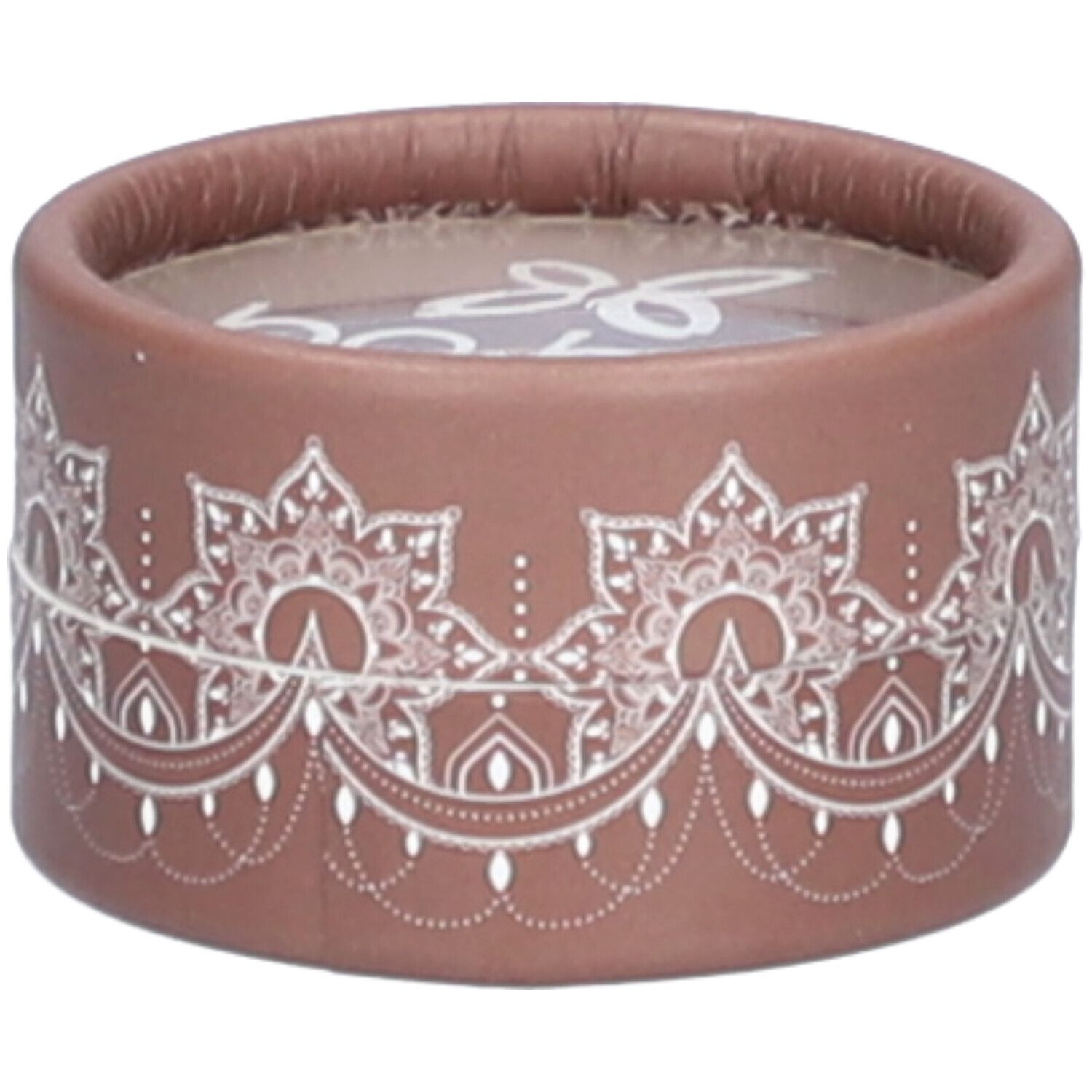 Emballage rond marron avec motif blanc. Dessus transparent. Inscription illisible.