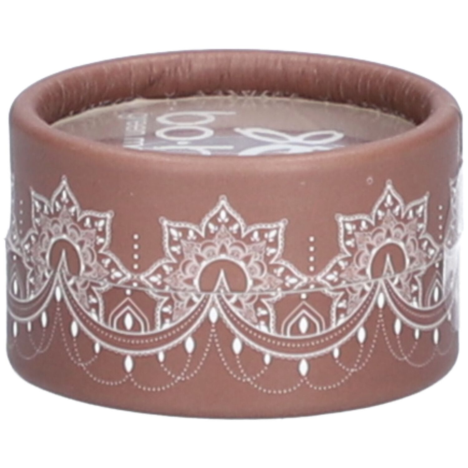 Emballage rond marron avec motif blanc. Dessus transparent. Inscription illisible.