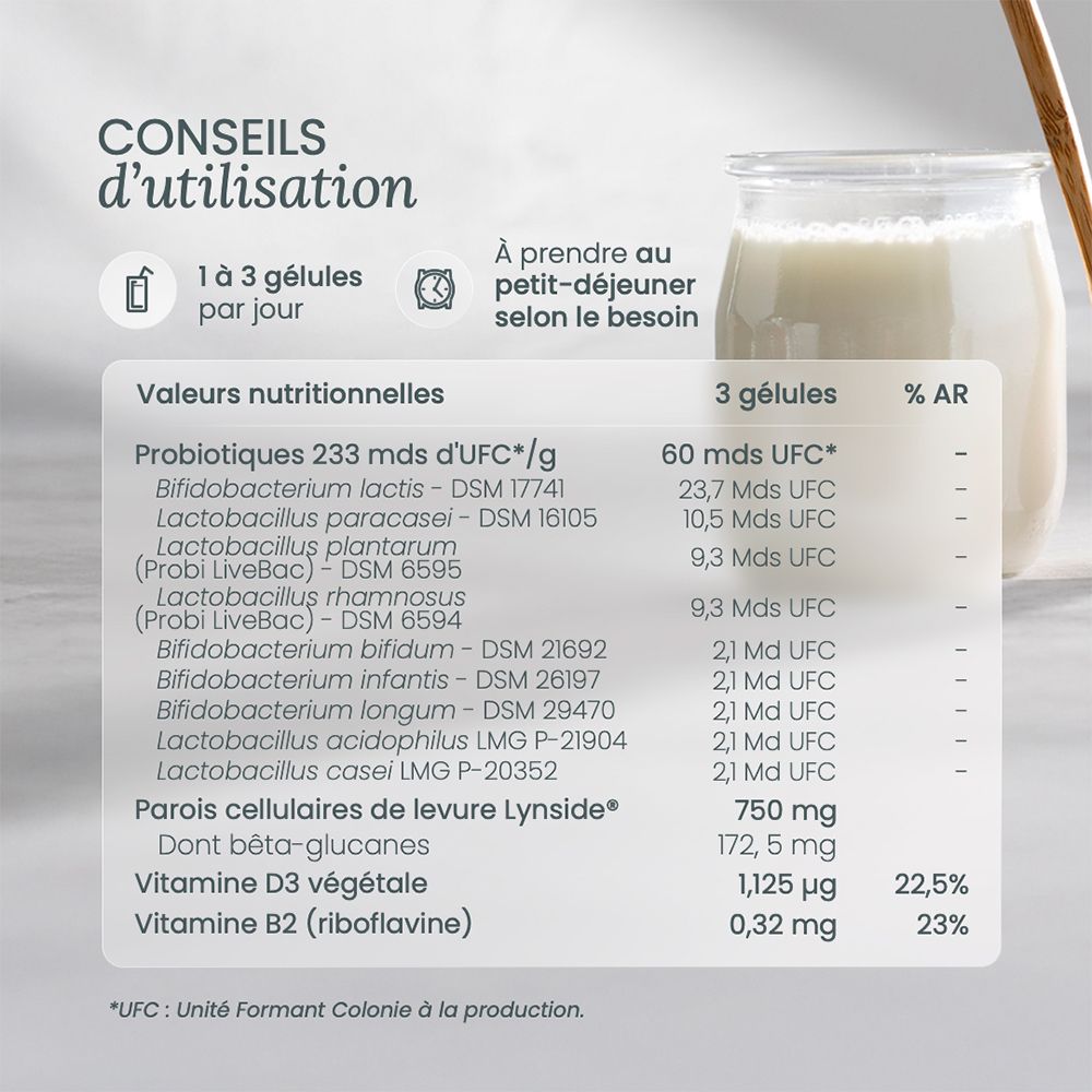 Flacon de probiotiques et prébiotiques avec tableau nutritionnel détaillé et conseils d'utilisation.