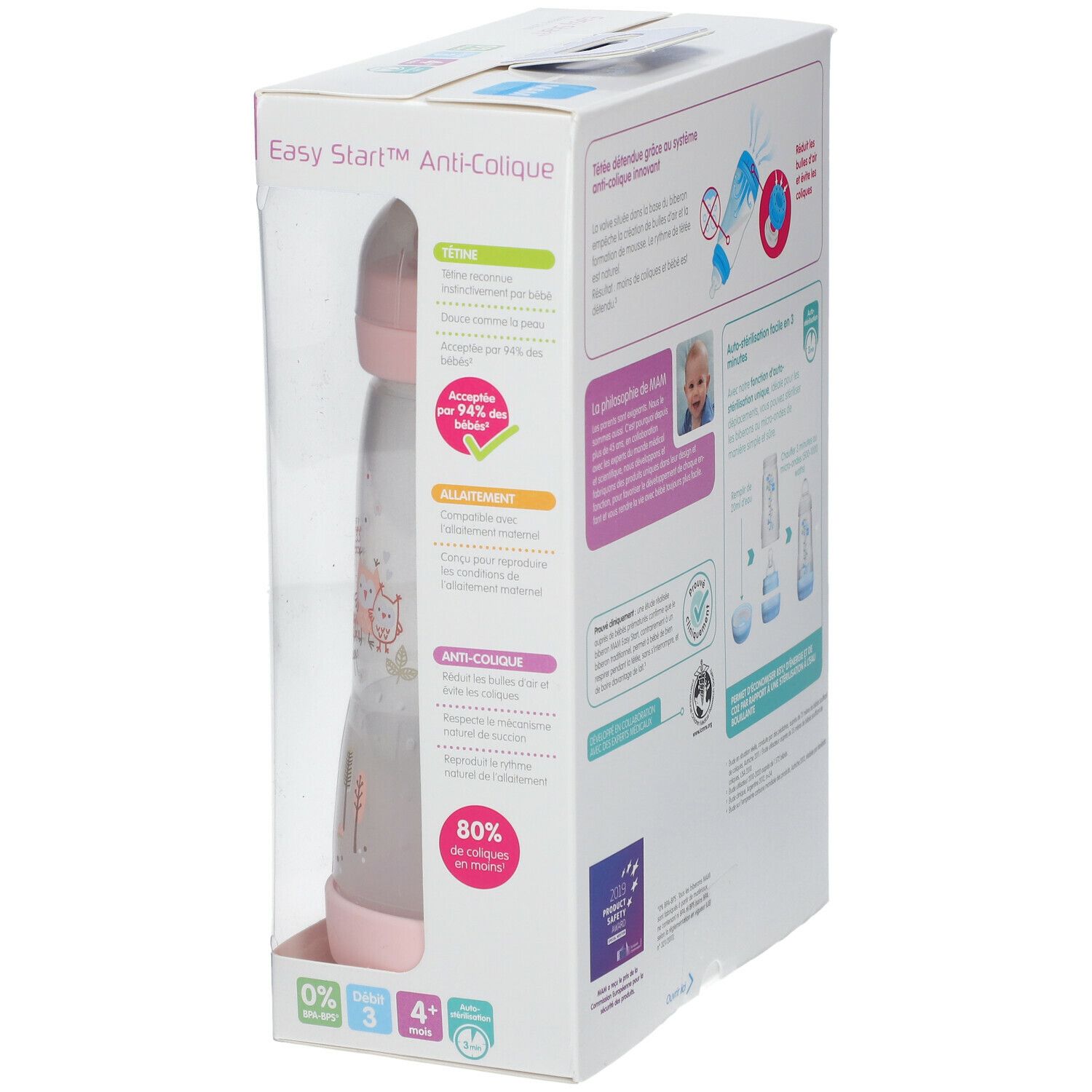 Boîte avec un biberon rose MAM Easy Start Anti-Colique. Informations et illustrations sur l'emballage.