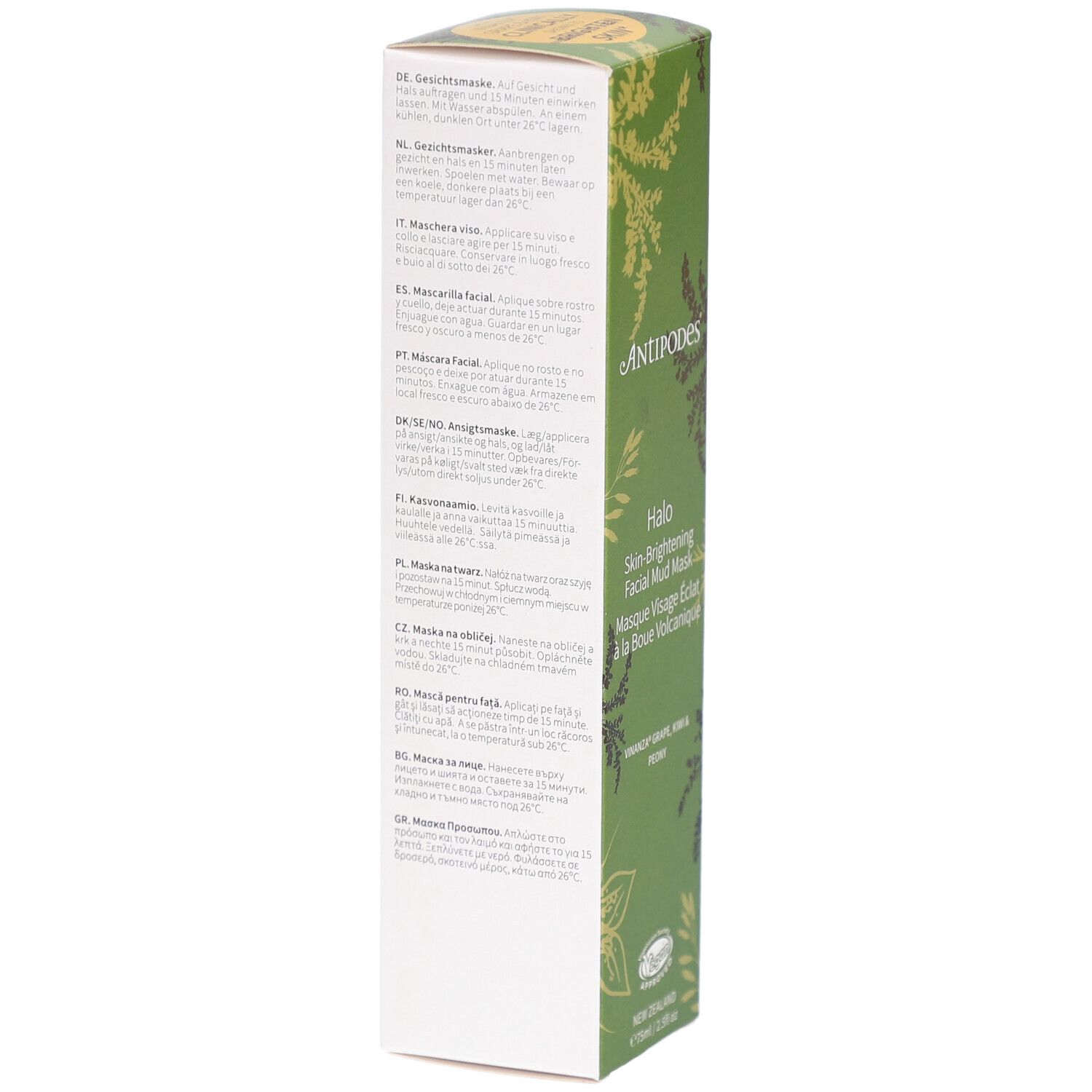 Dos de la boîte verte. Texte en plusieurs langues, dont l'allemand, l'anglais, le néerlandais, l'italien et le français.